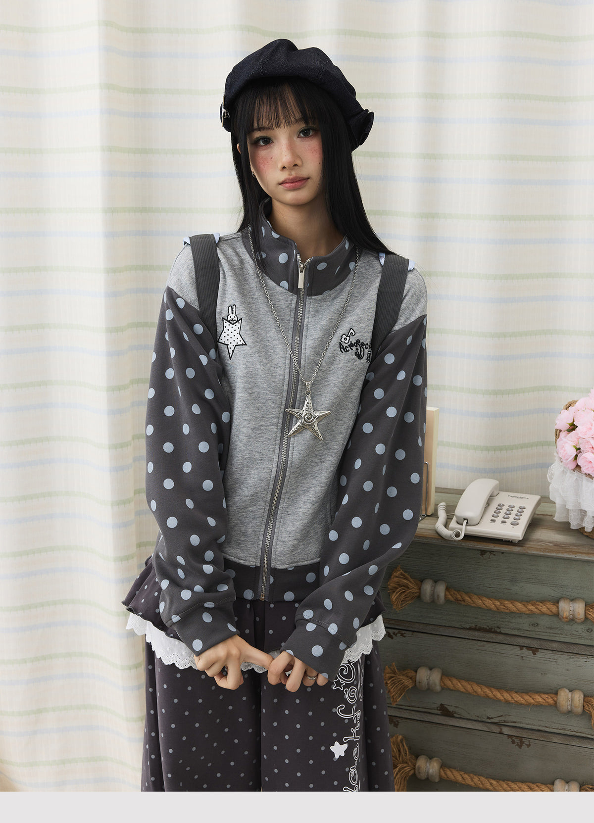 Polka Dot Contrast Embroidered Zip-Up Jacket