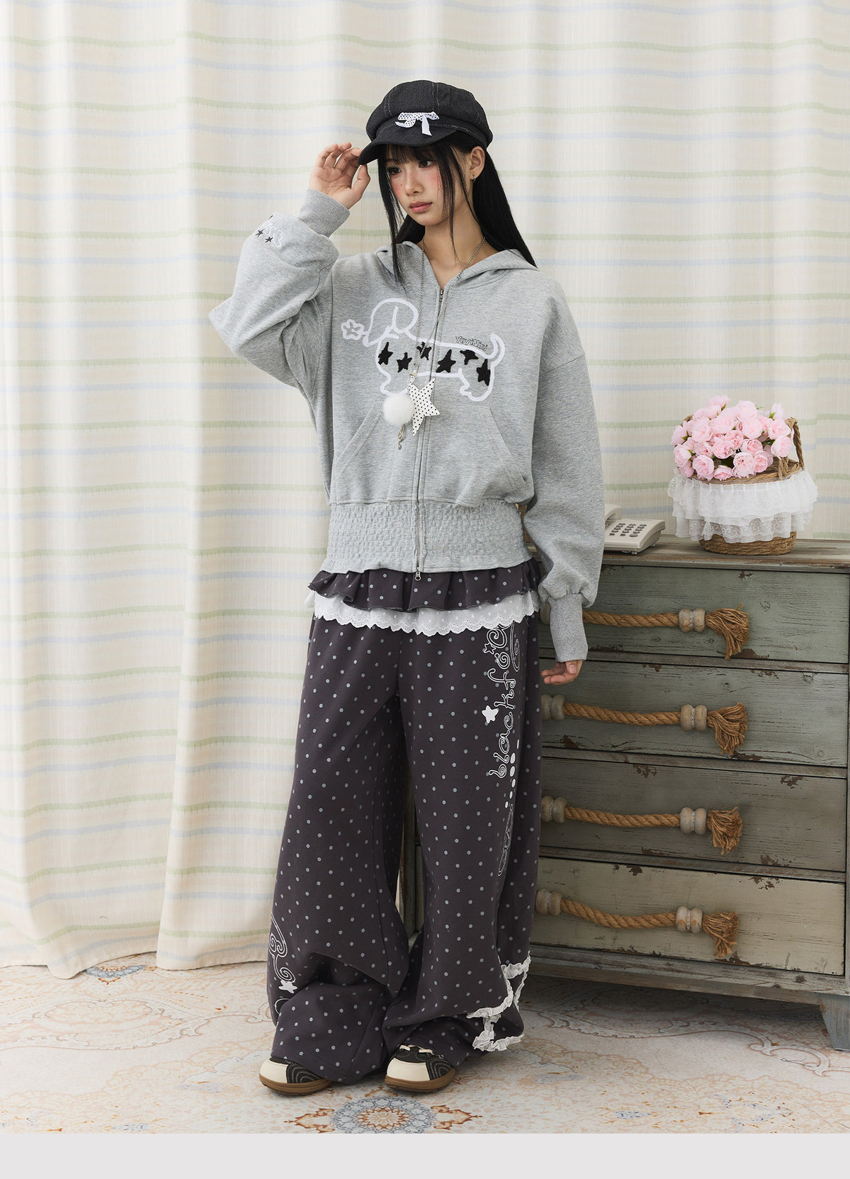 Star Puppy Smocked-Waist Zip-Up Hoodie