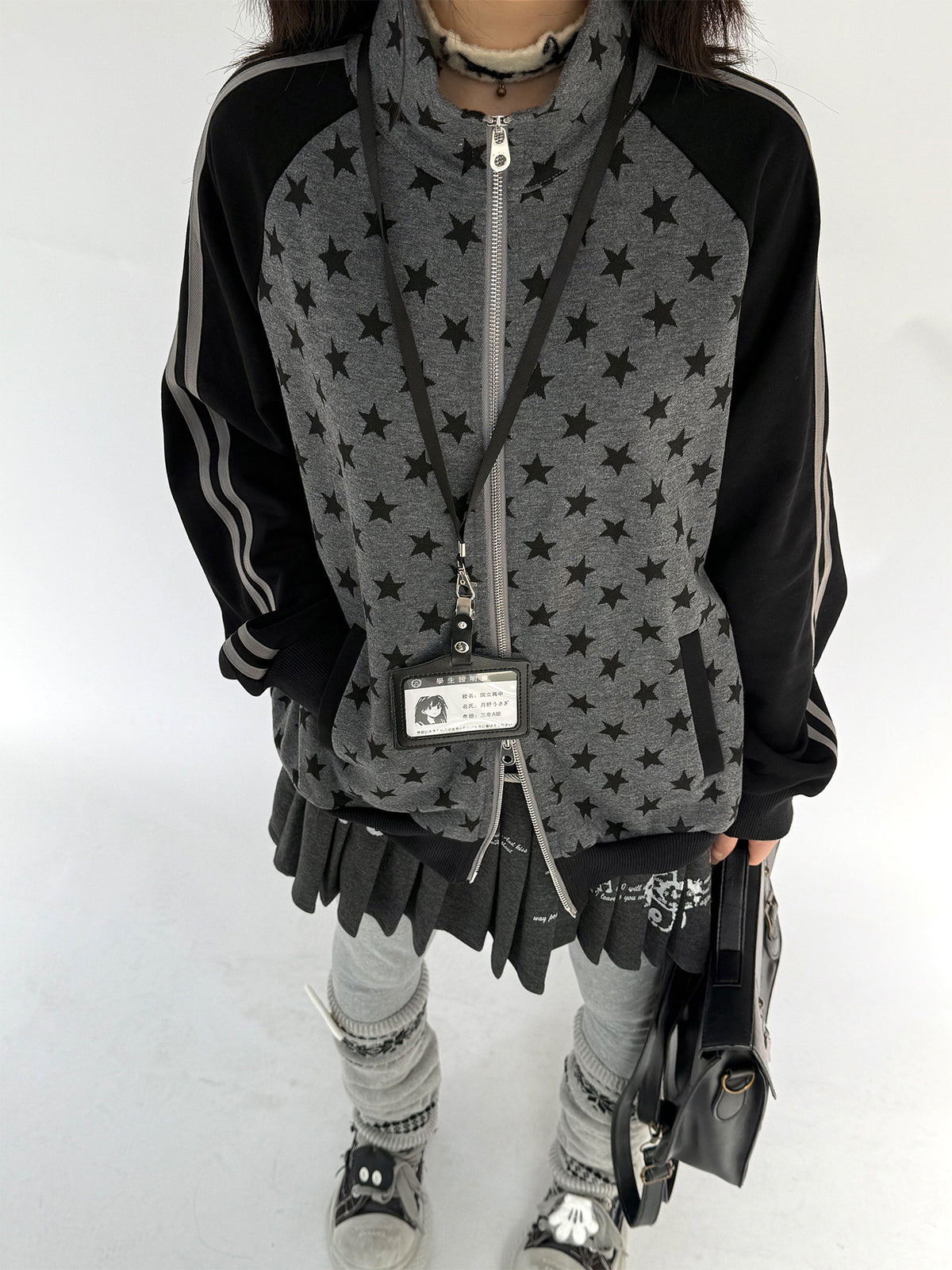 Charcoal Star Double-Zip Mock Neck Jacket