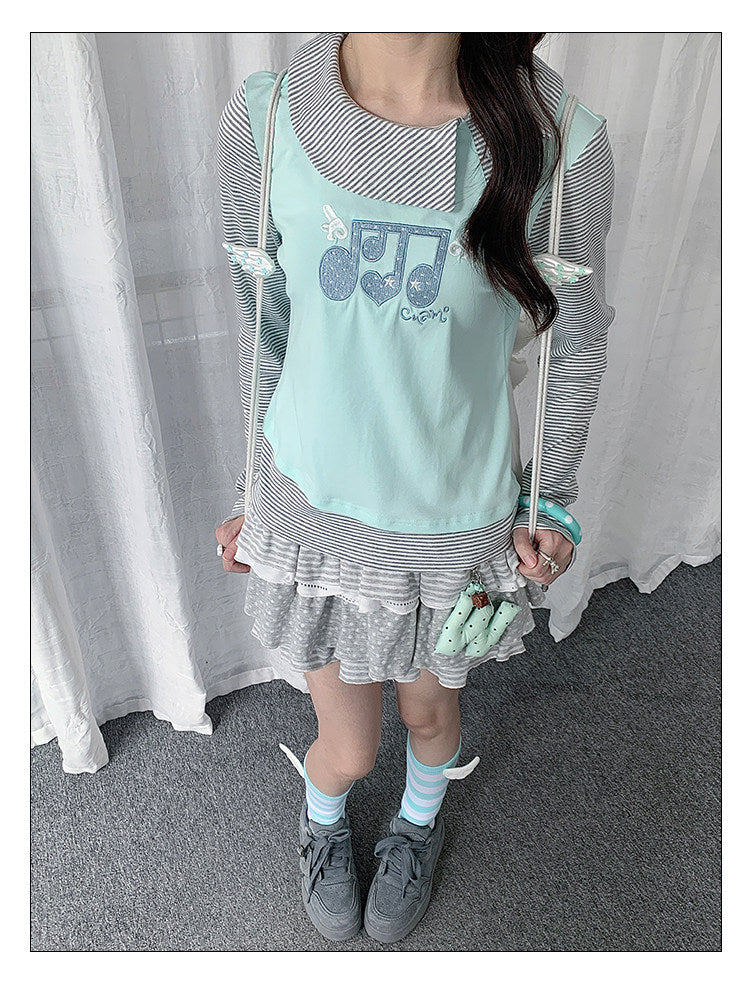 Music Note Embroidered Faux-Layered Long Sleeve Top
