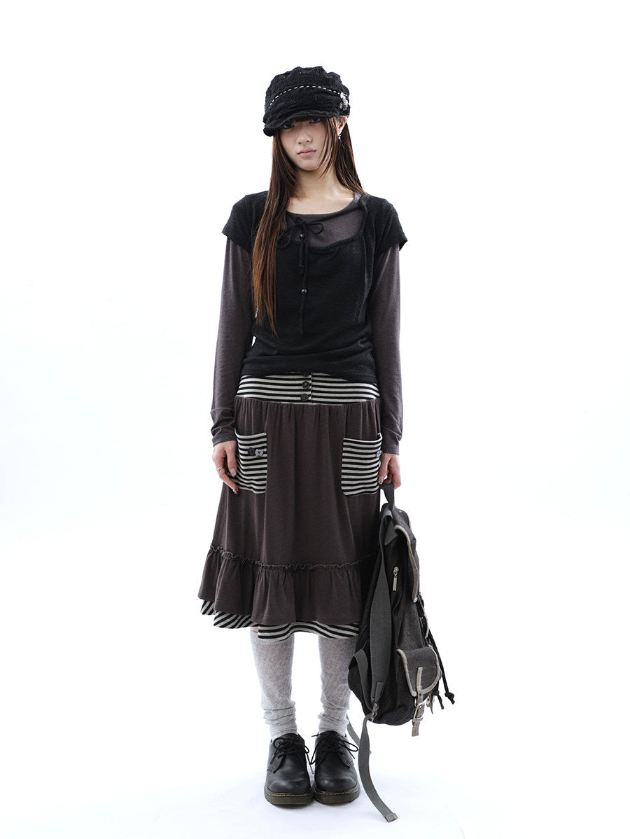 Striped Pocket Ruffle Layered Midi Skirt