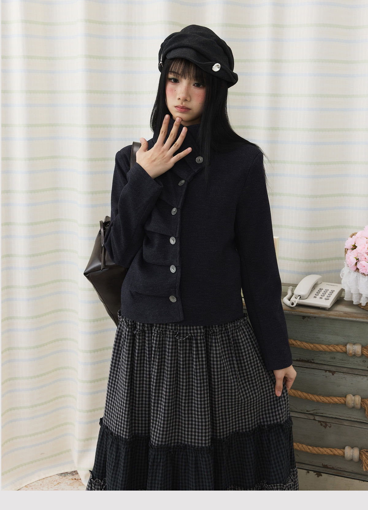 Asymmetric Pleated Collar Cropped Button Jacket