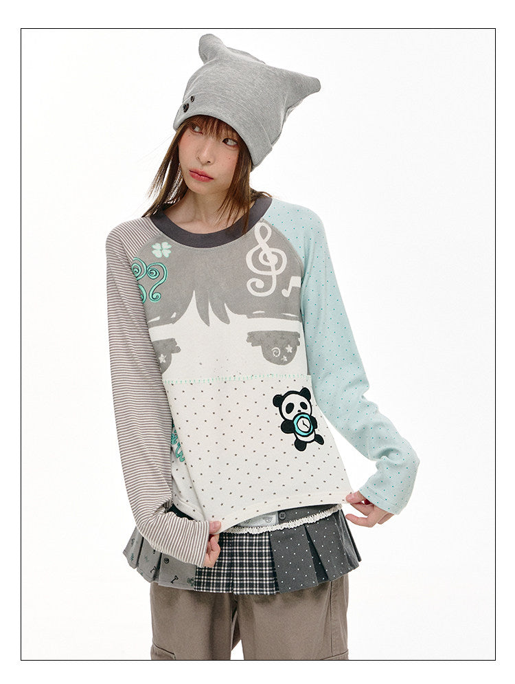 Mint Polka Dot Contrast-Sleeve Graphic Long Sleeve Top