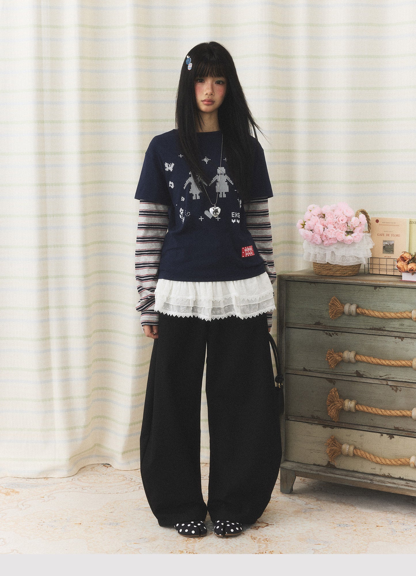 Navy Pixel Girl Stripe Faux-Layer Long-Sleeve Tee