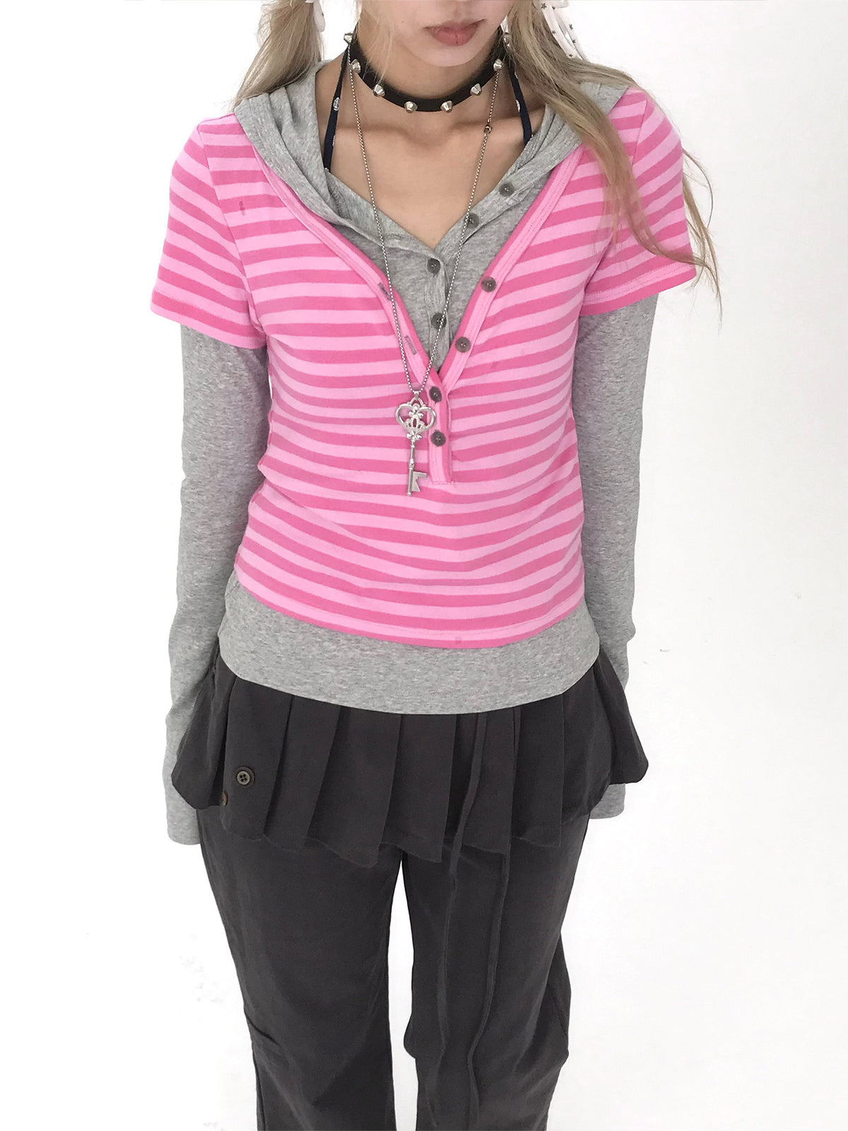Striped Faux-Layered Hooded Long Sleeve Top
