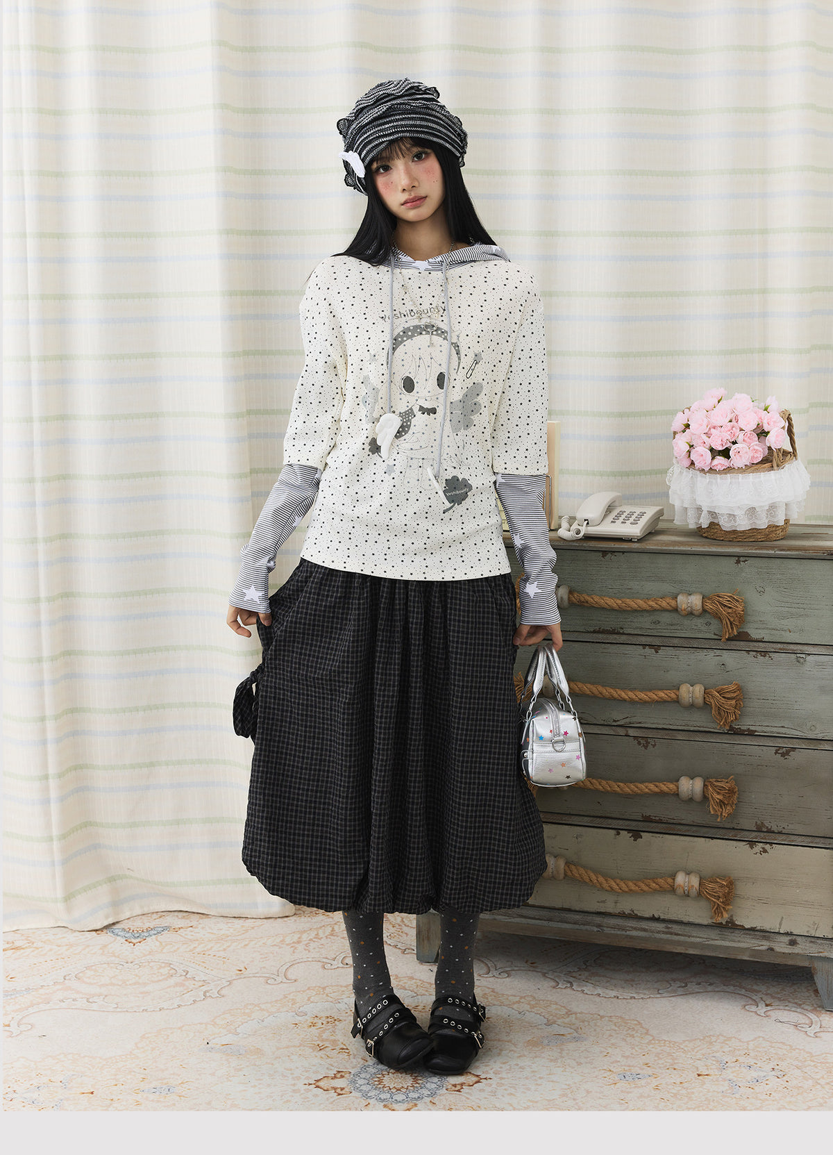 Cartoon Star Print Faux-Layer Hooded Top