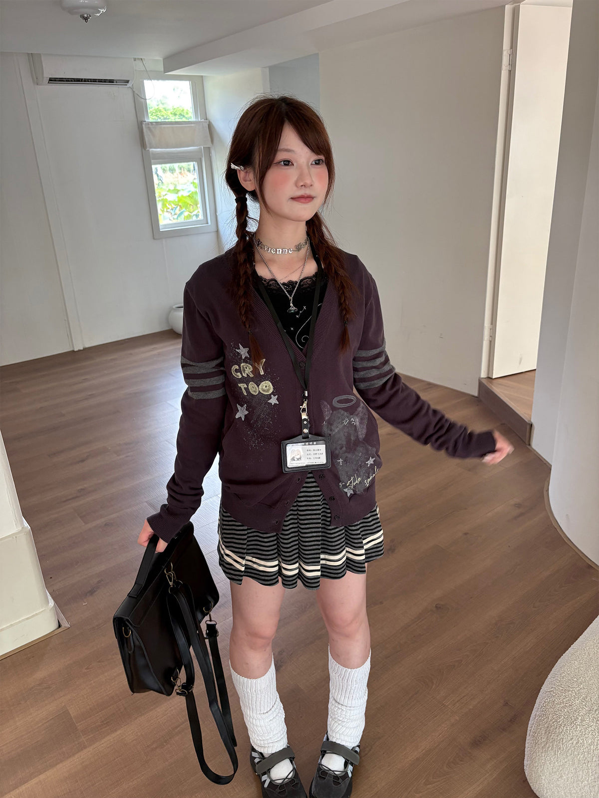 Charcoal Striped Star Pleated Mini Skirt