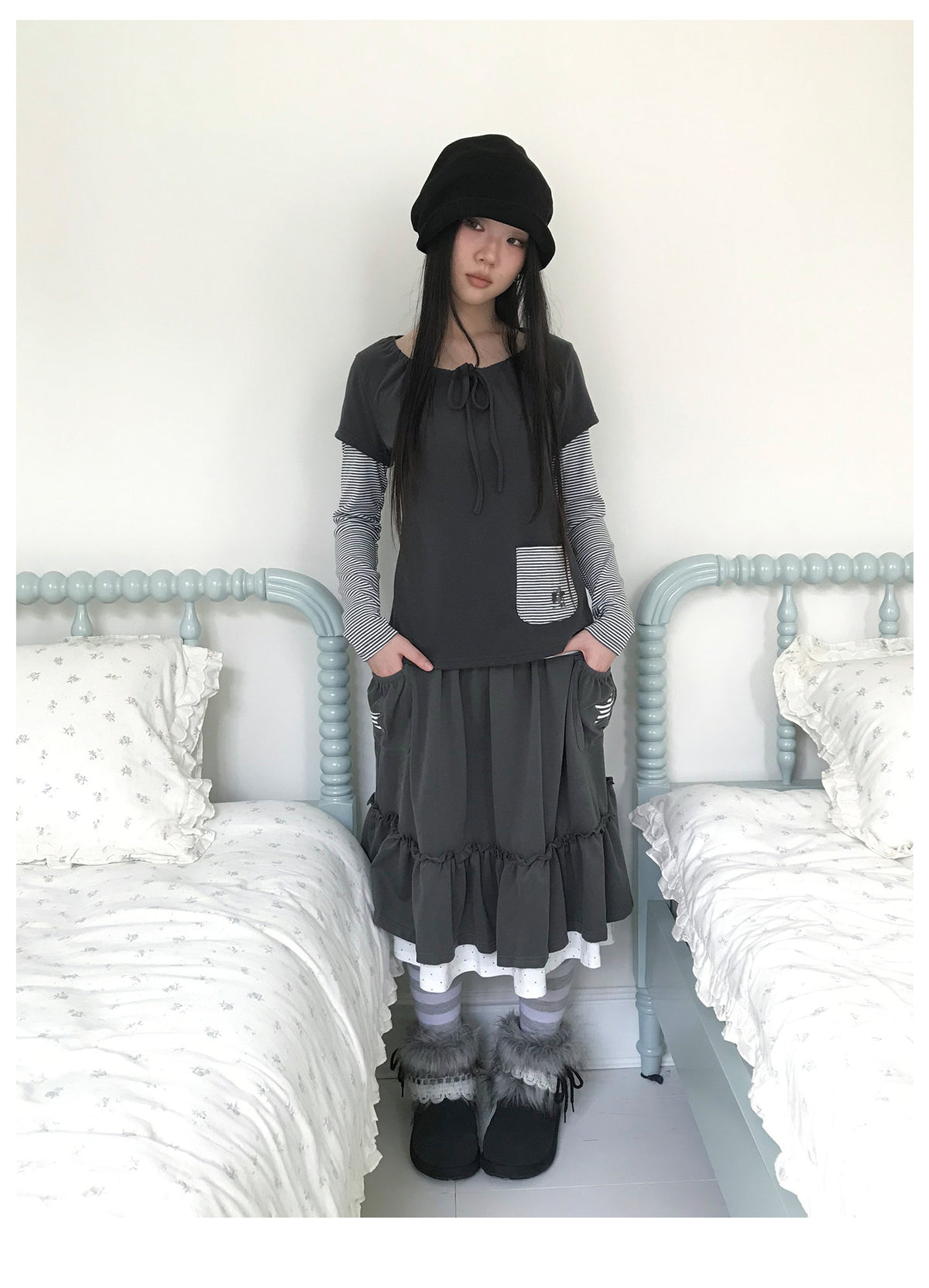 Tie-Neck Striped Faux-Layer Long Sleeve Top
