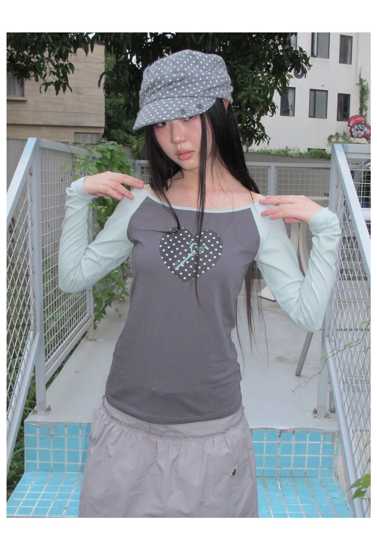 Polka Dot Heart Key Contrast Raglan Long Sleeve Tee