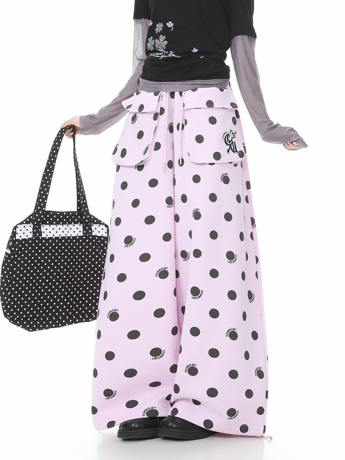 Polka Dot Utility Pocket Wide-Leg Sweatpants