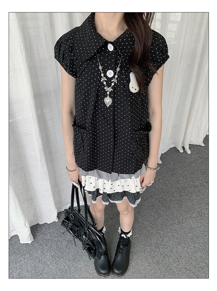 Polka Dot Bunny Patch Puff-Sleeve Shirt
