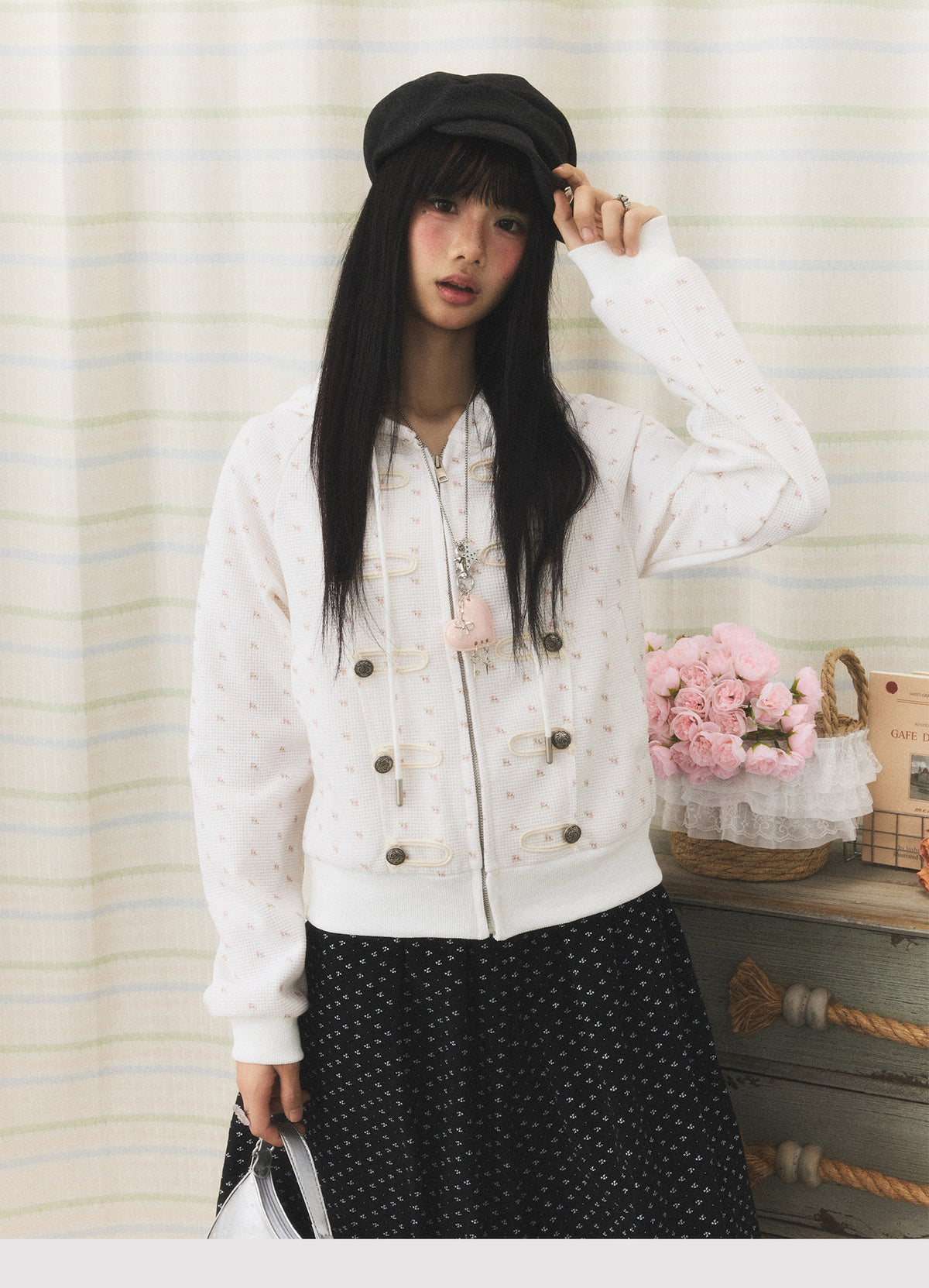 Floral Waffle Toggle Zip-Up Hoodie