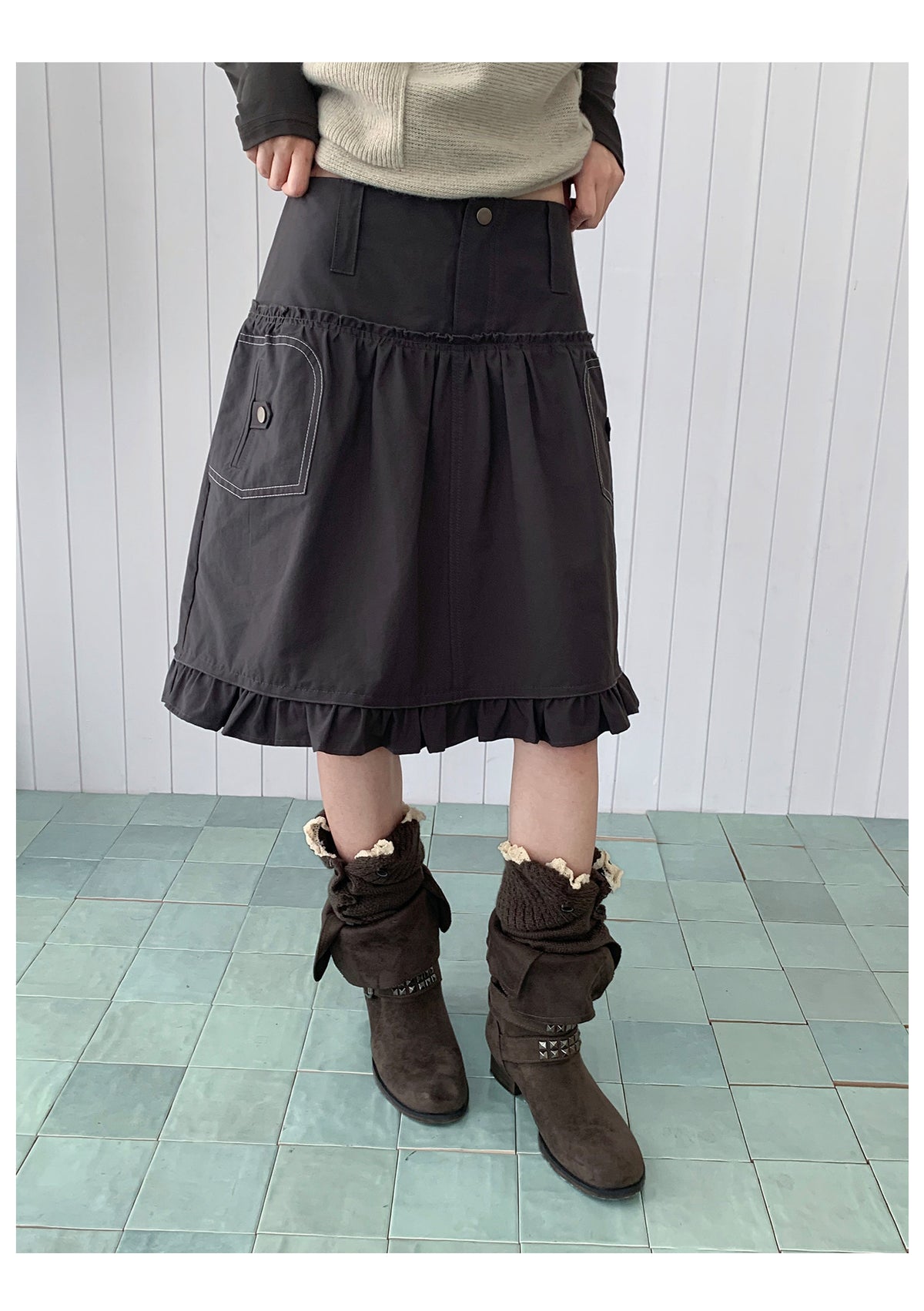 Contrast-Stitch Ruffle-Hem Utility Mini Skirt