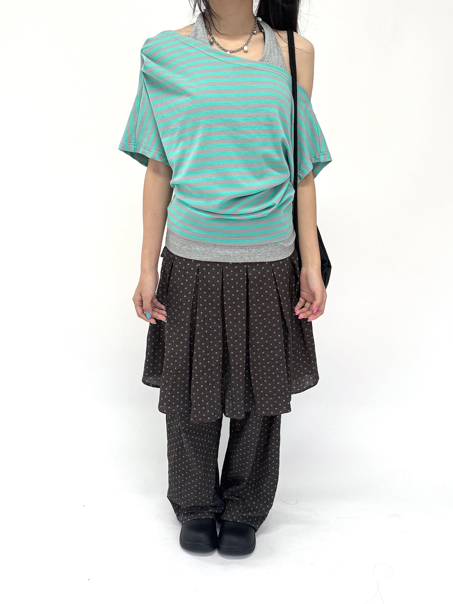 Mint Stripe Off-Shoulder Layered Halter Tee