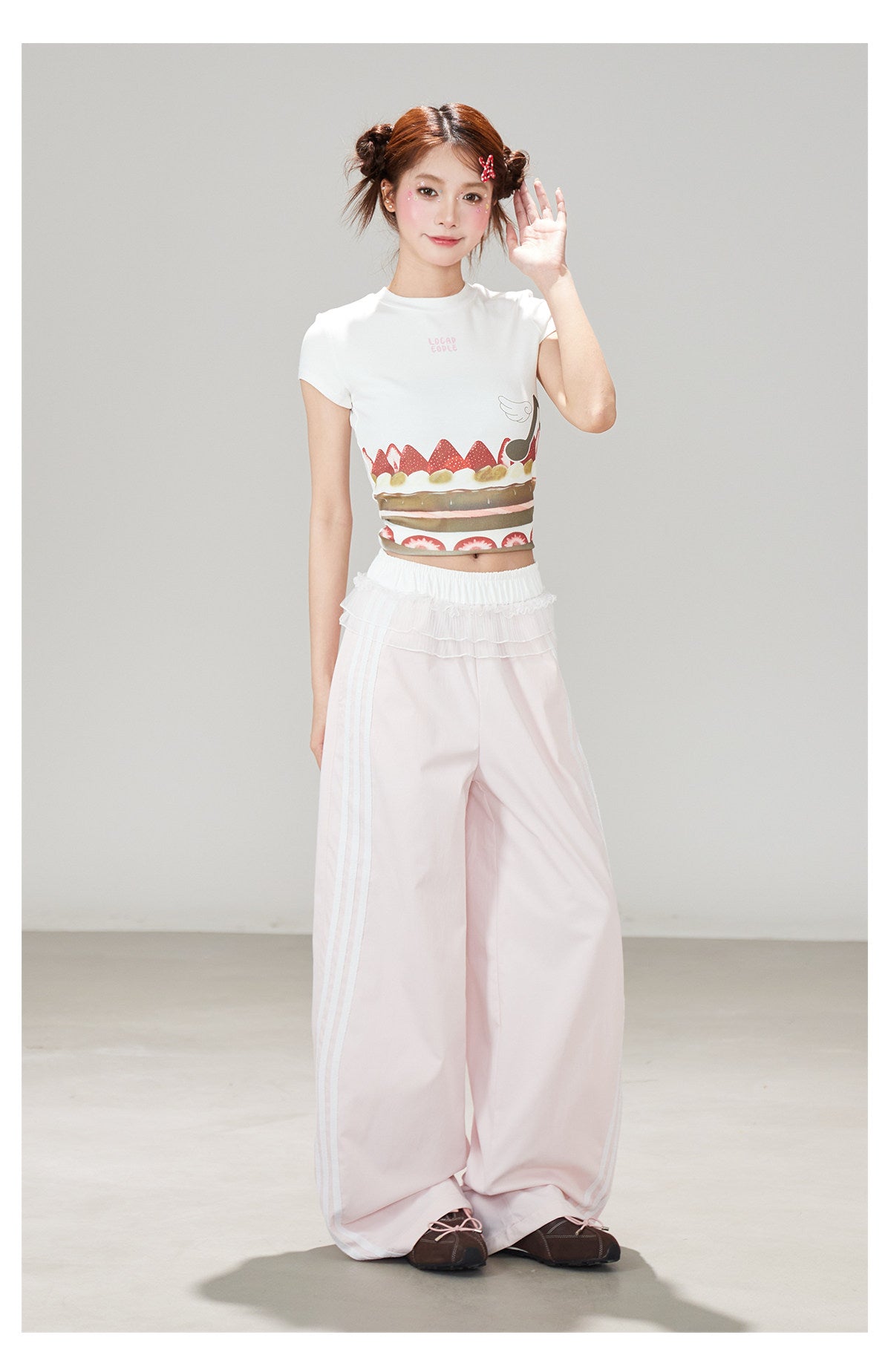 Ruffle Waist Side Stripe Wide-Leg Pants