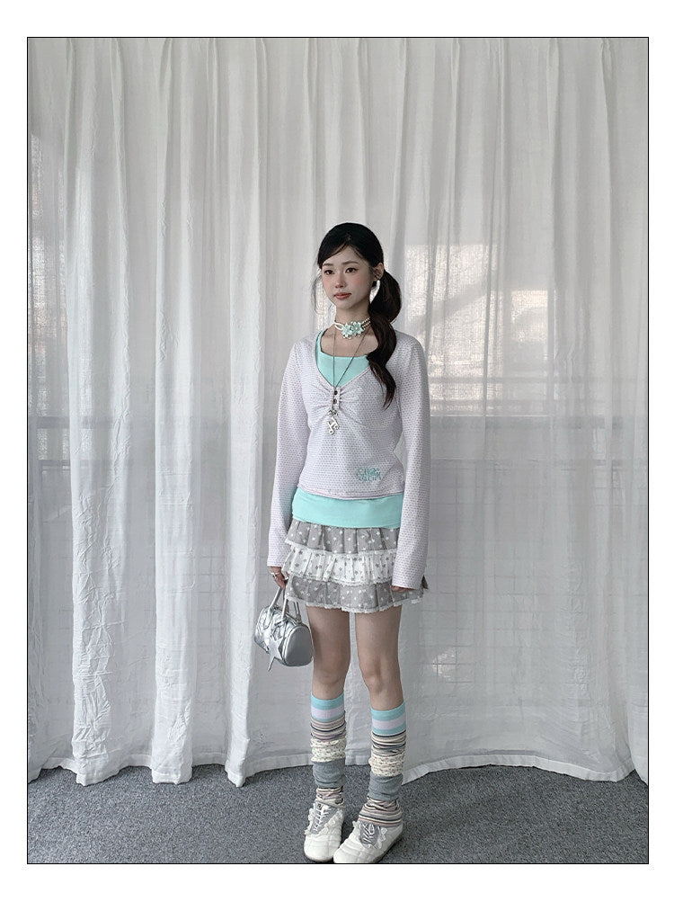 Mint Dot Ruched Faux-Layer Long-Sleeve Top