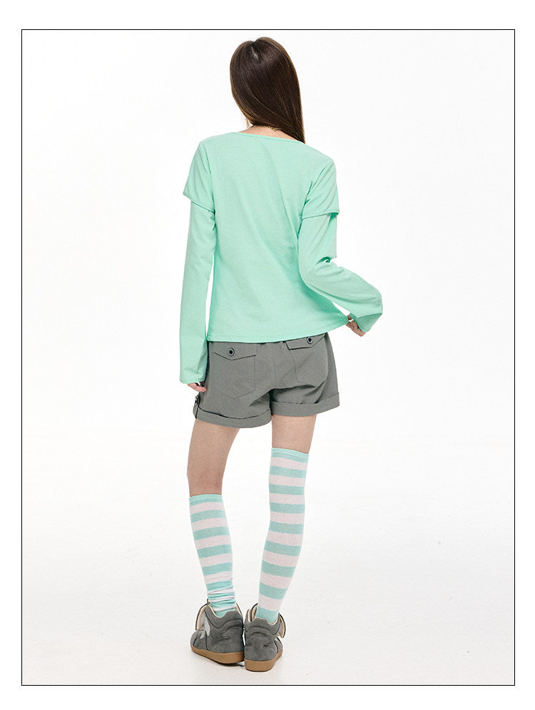 Mint Haze Faux-Layer Graphic Long Sleeve Top