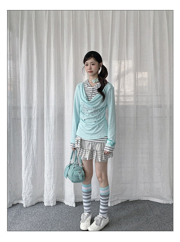 Draped Stripe-Collar Faux-Layer Long-Sleeve Top