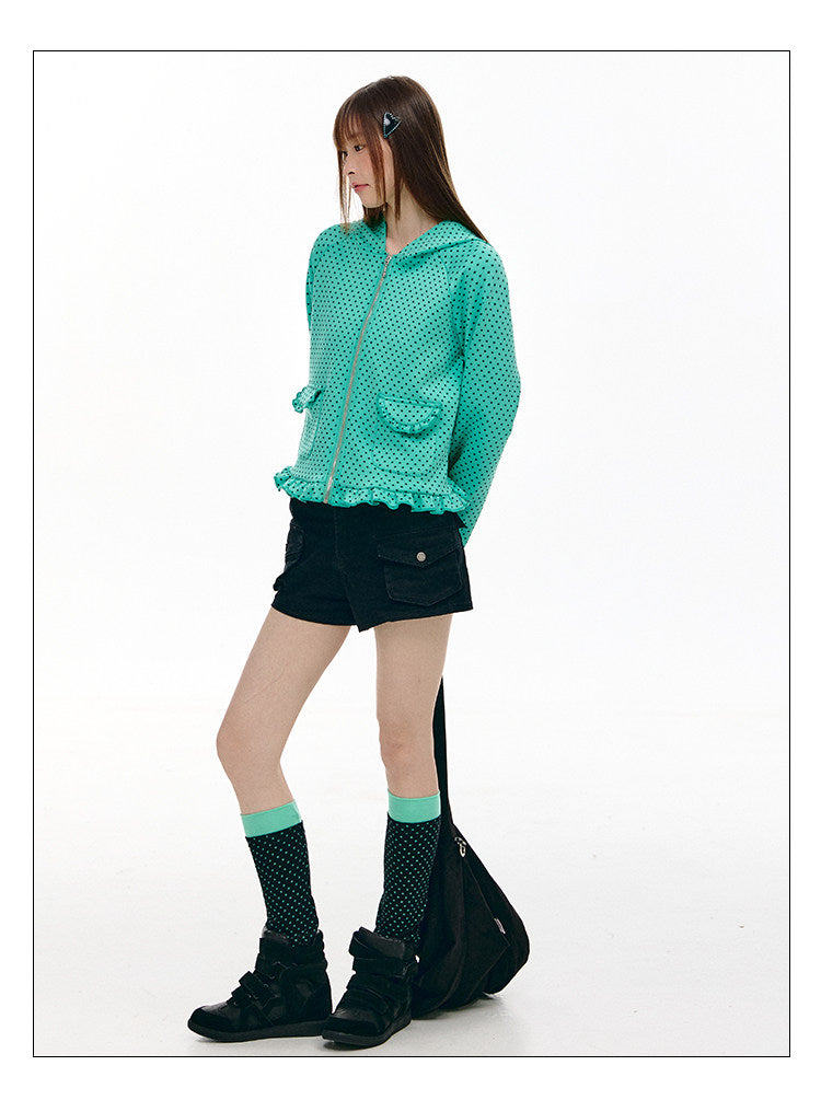 Mint Micro-Star Ruffle-Hem Zip-Up Hoodie