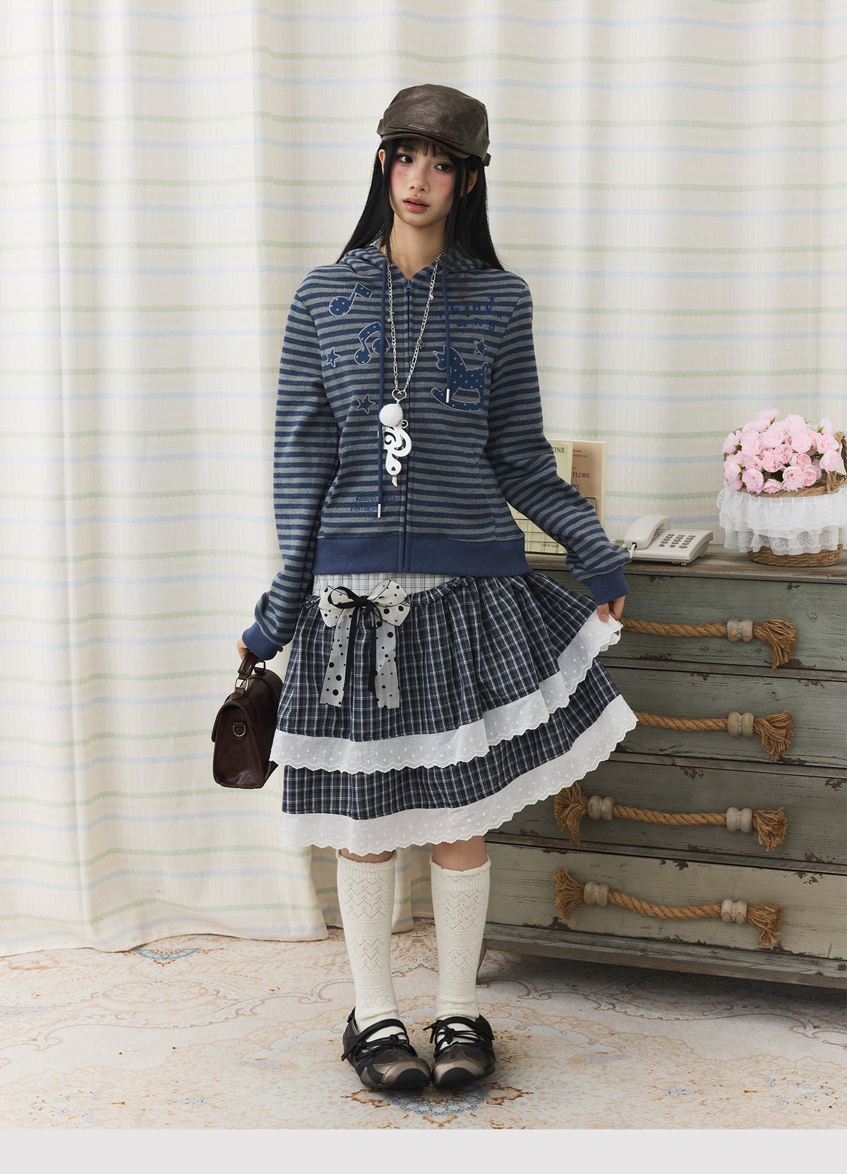 Striped Rocking Horse Embroidered Zip-Up Hoodie