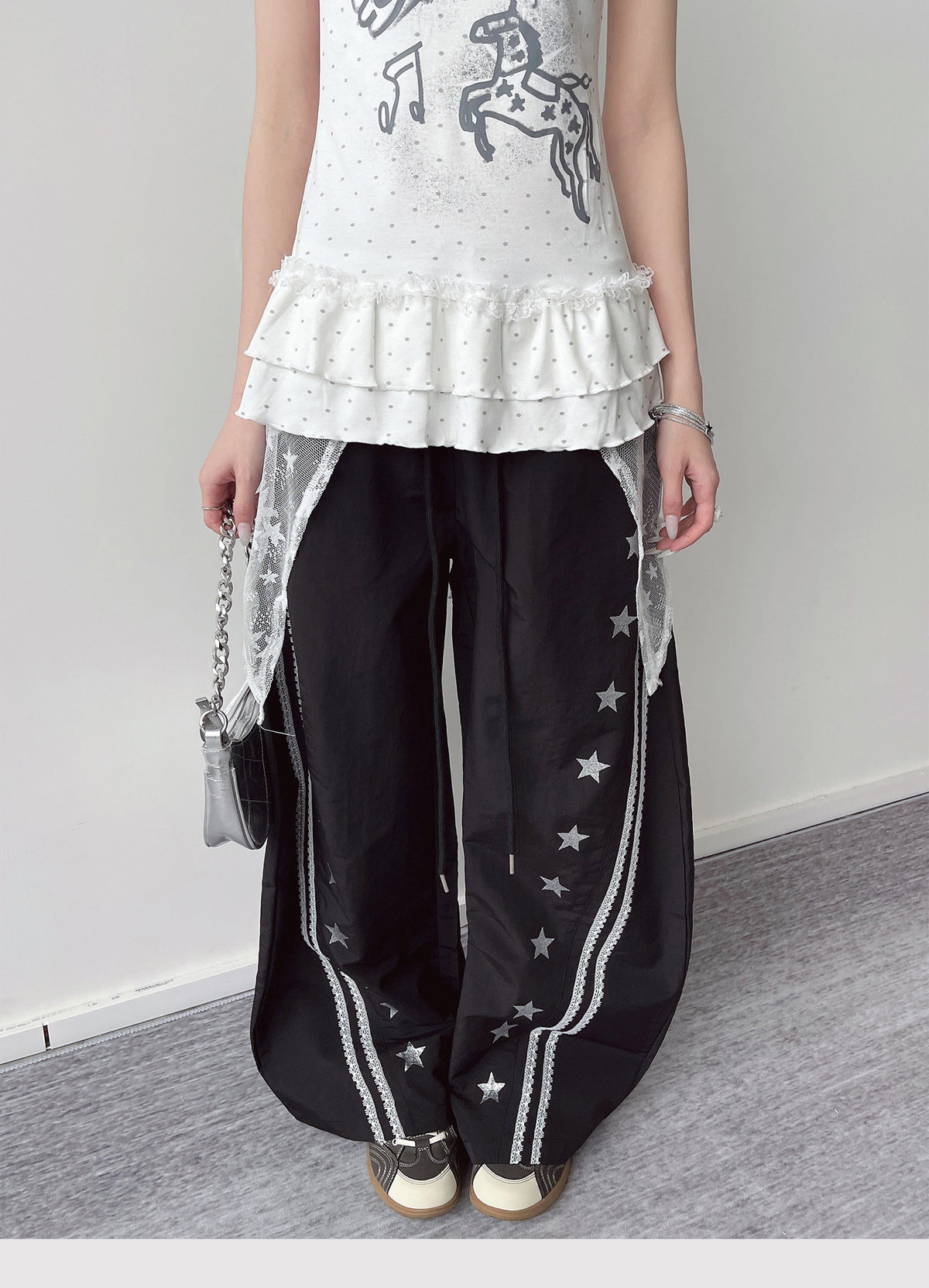 Star Lace Overlay Wide-Leg Parachute Pants