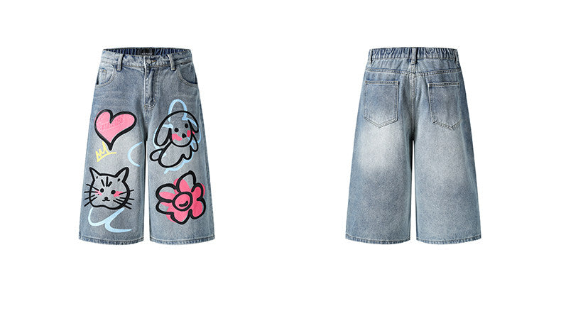 Doodle Art Cropped Wide-Leg Jeans