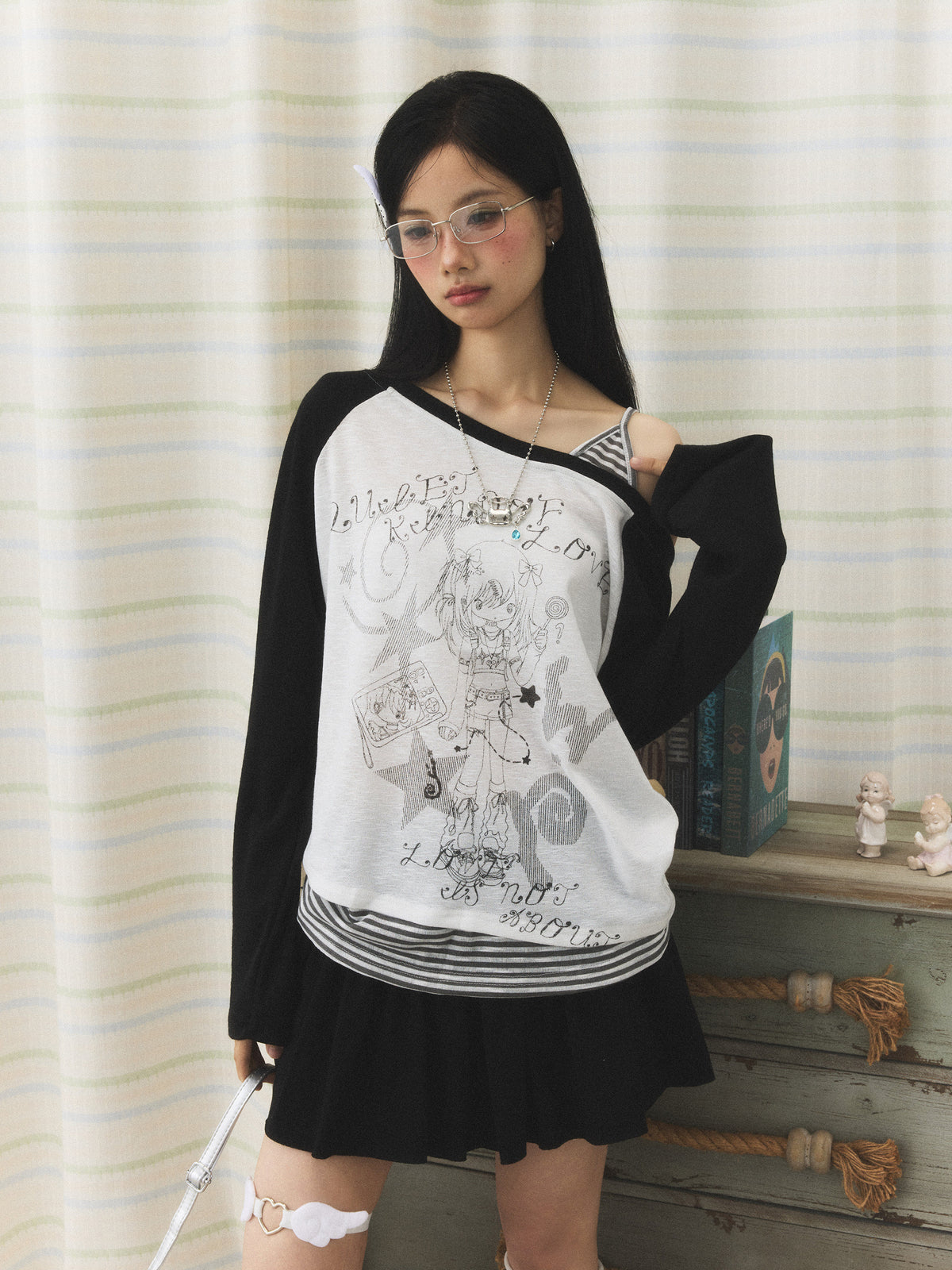Anime Girl Asymmetric Layered Long Sleeve Top