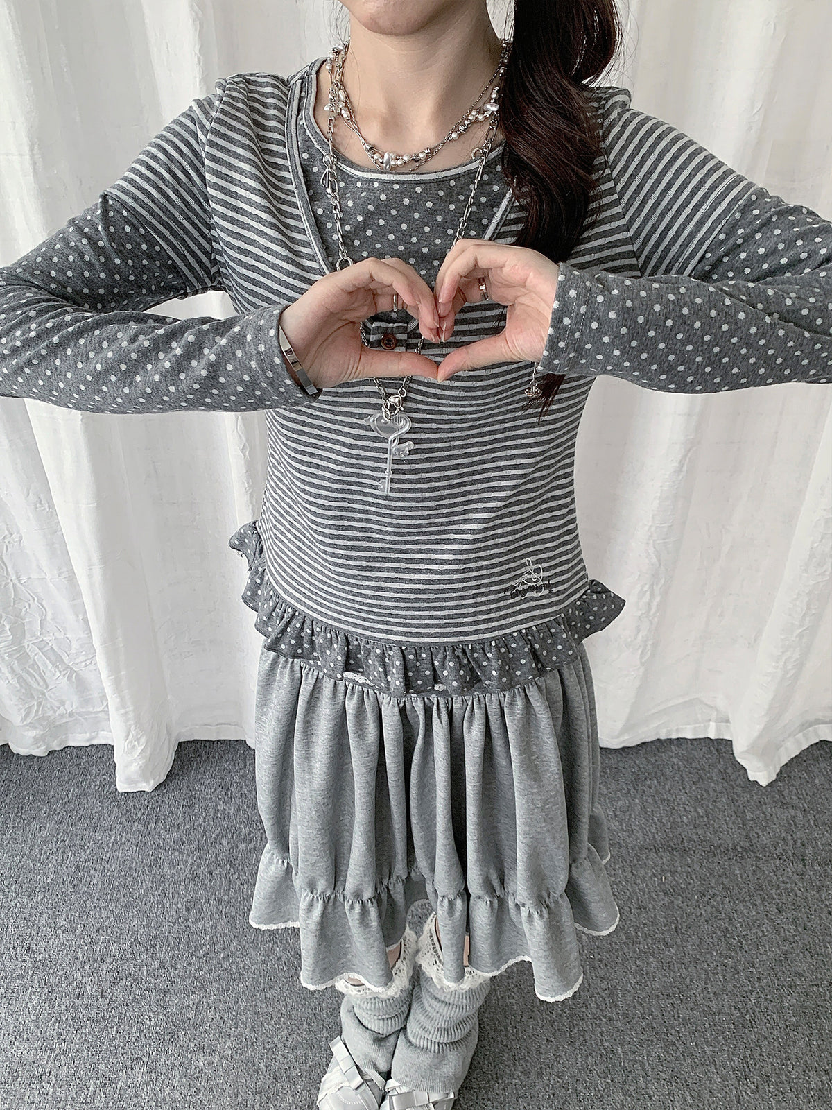 Polka Dot Stripe Ruffle Layered Long Sleeve Top