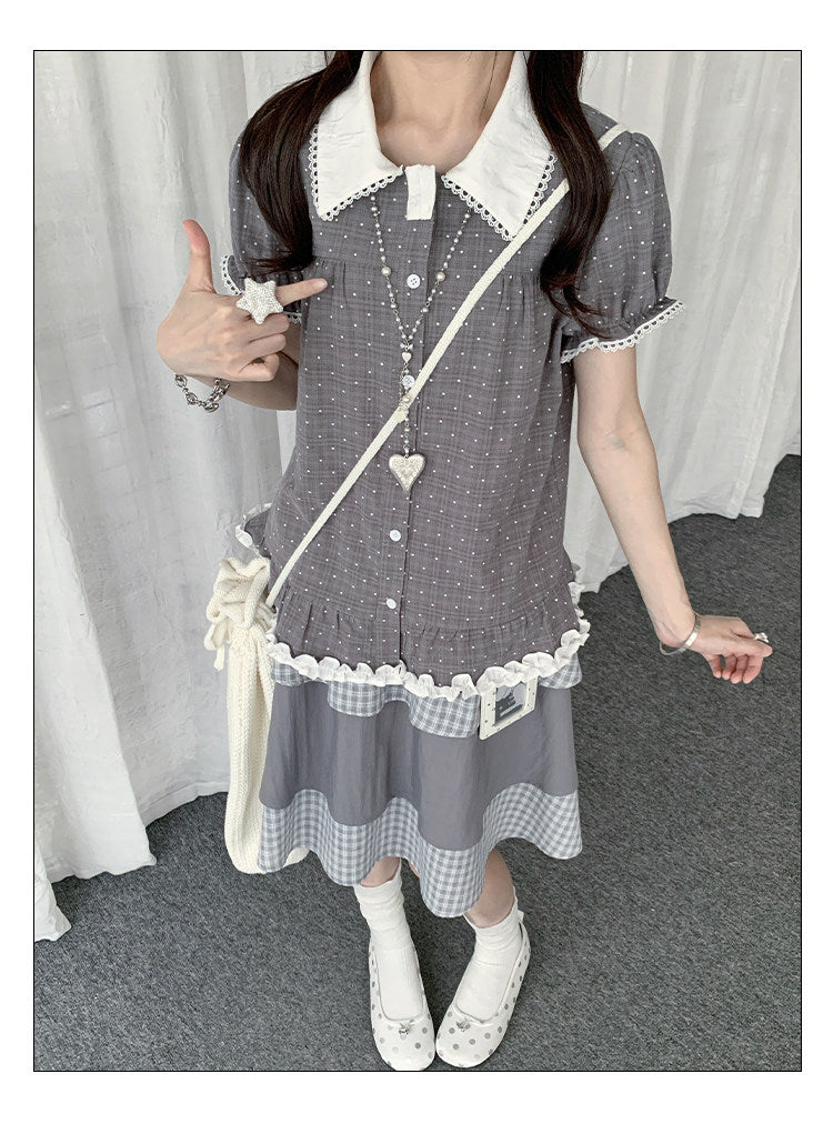 Polka Dot Peter Pan Collar Ruffle-Hem Blouse