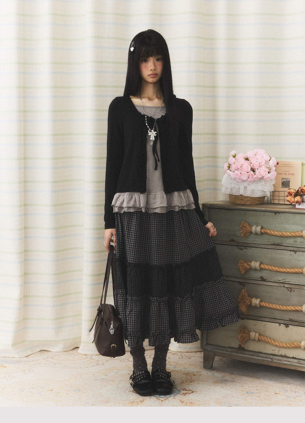 Ruffle Hem Tie-Front Faux-Layered Long Sleeve Top