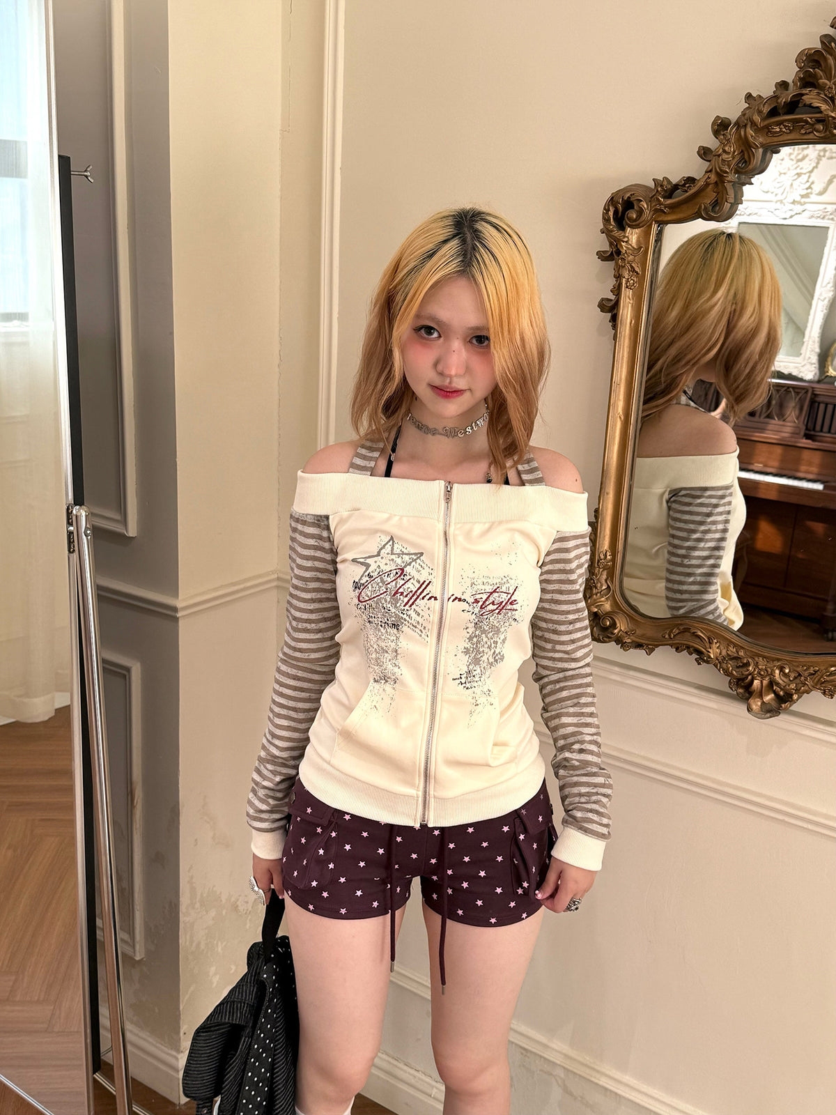 Ivory Off-Shoulder Stripe Zip-Up Long Sleeve Top