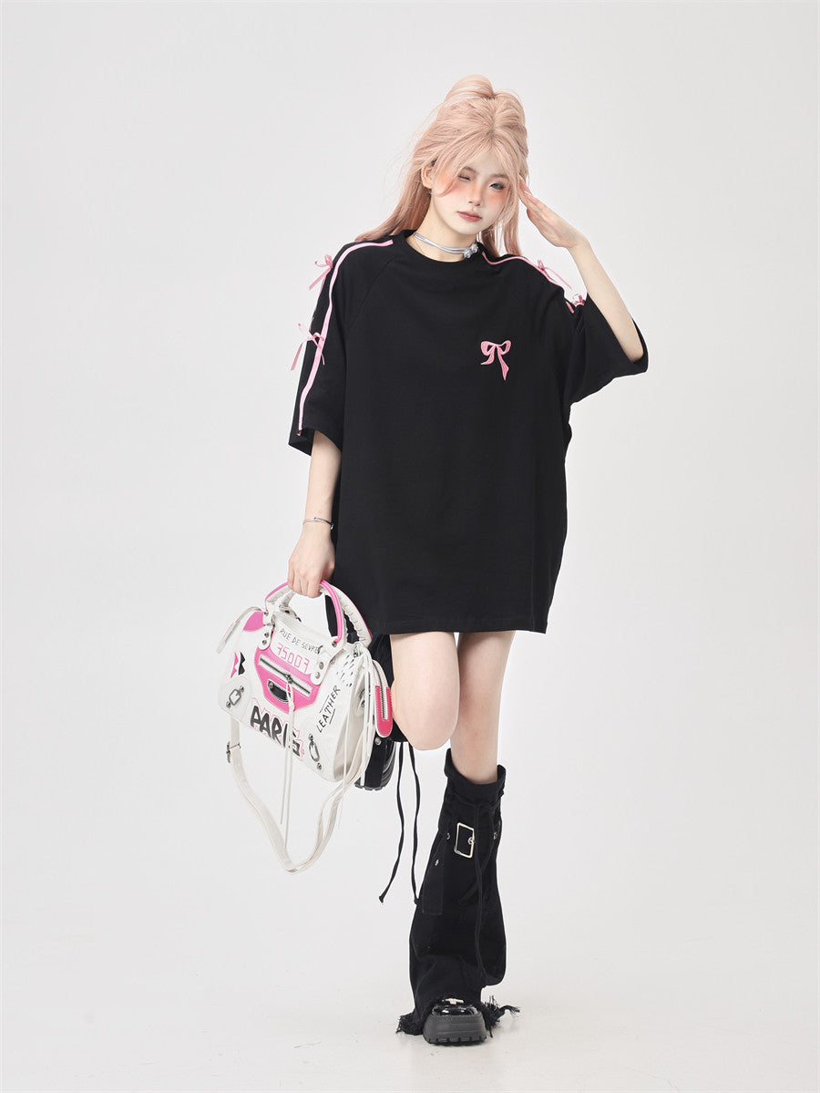 Ribbon Embroidery Side-Stripe Tee — Oversized