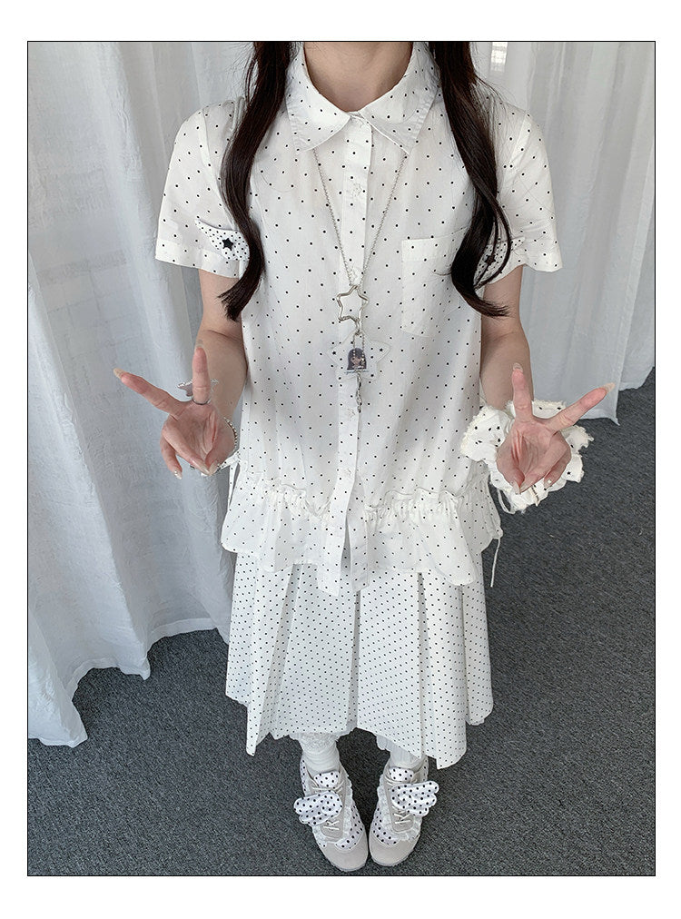 Polka Dot Ruffle-Hem Short Sleeve Shirt