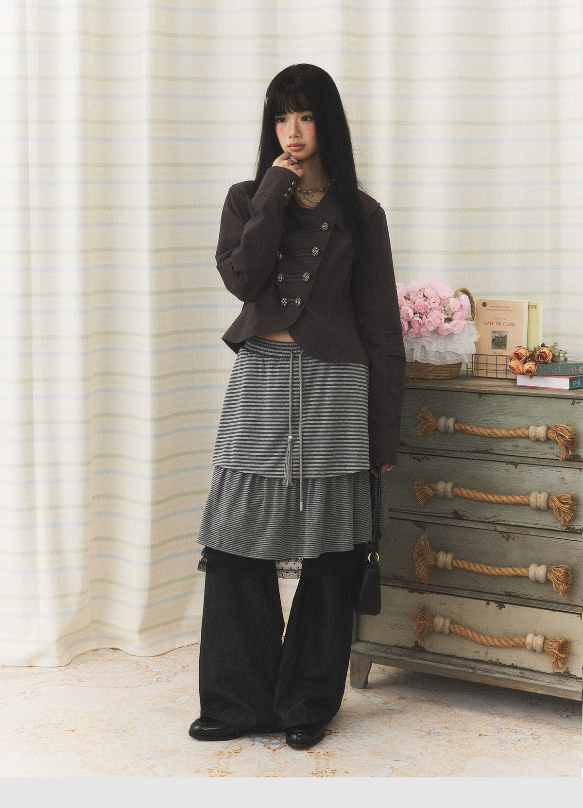 Striped Layered Skirt Wide-Leg Pants