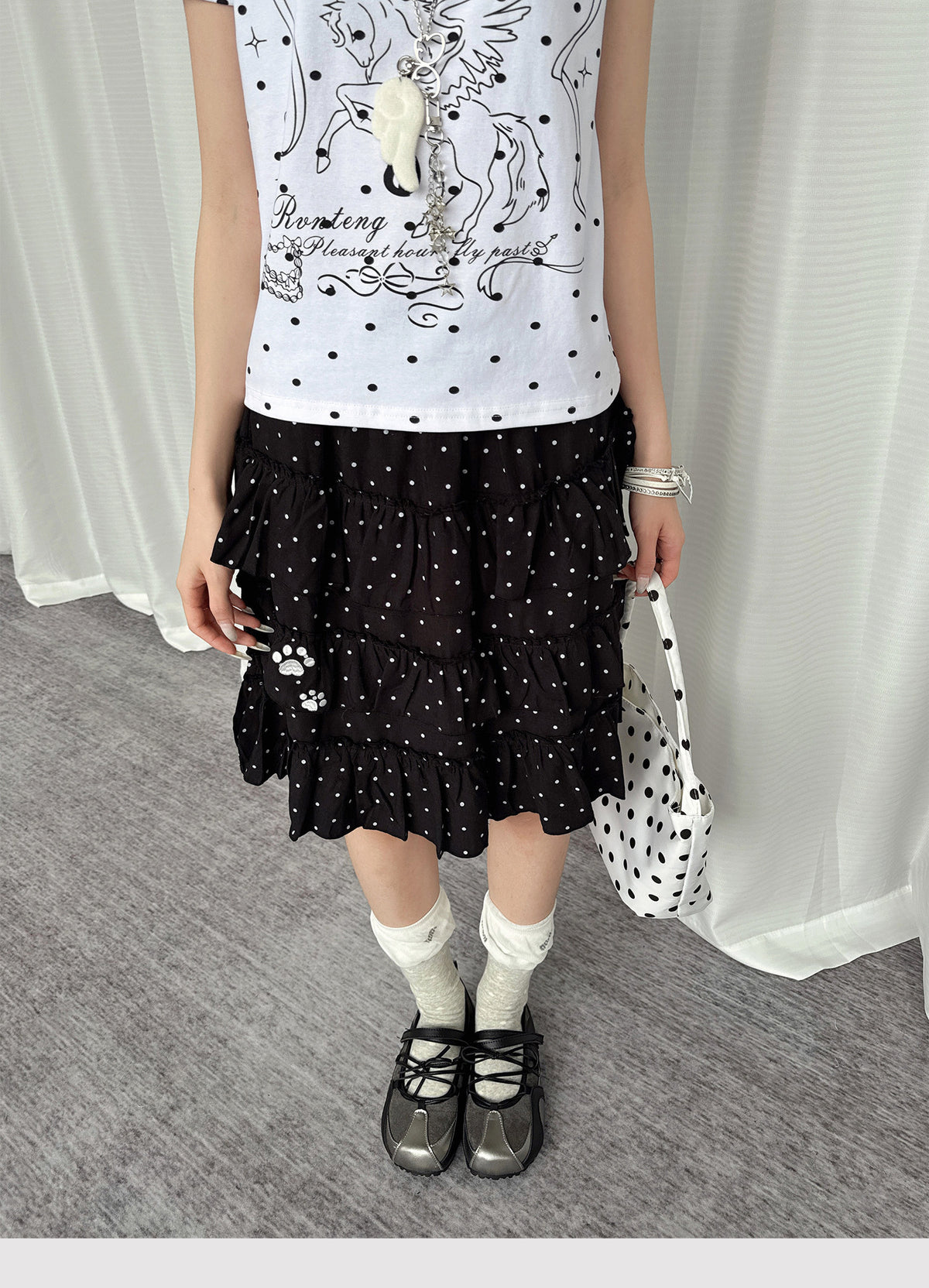 Paw Embroidered Polka Dot Tiered Midi Skirt