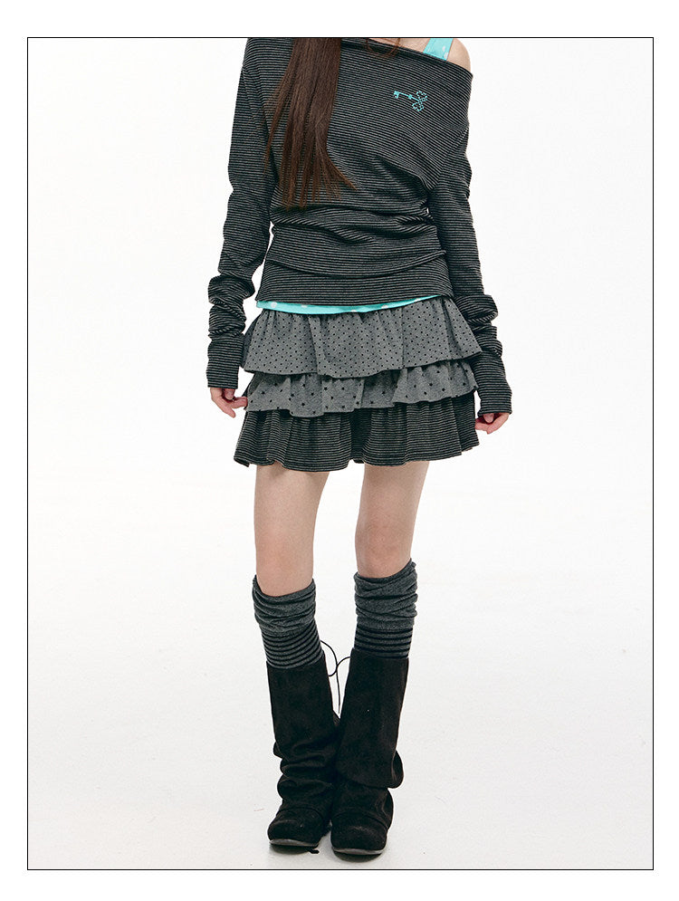 Charcoal Dot & Star Tiered Ruffle Mini Skirt