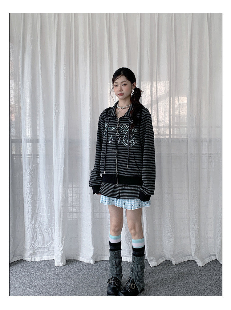 Star Charm Striped Embroidered Zip-Up Jacket