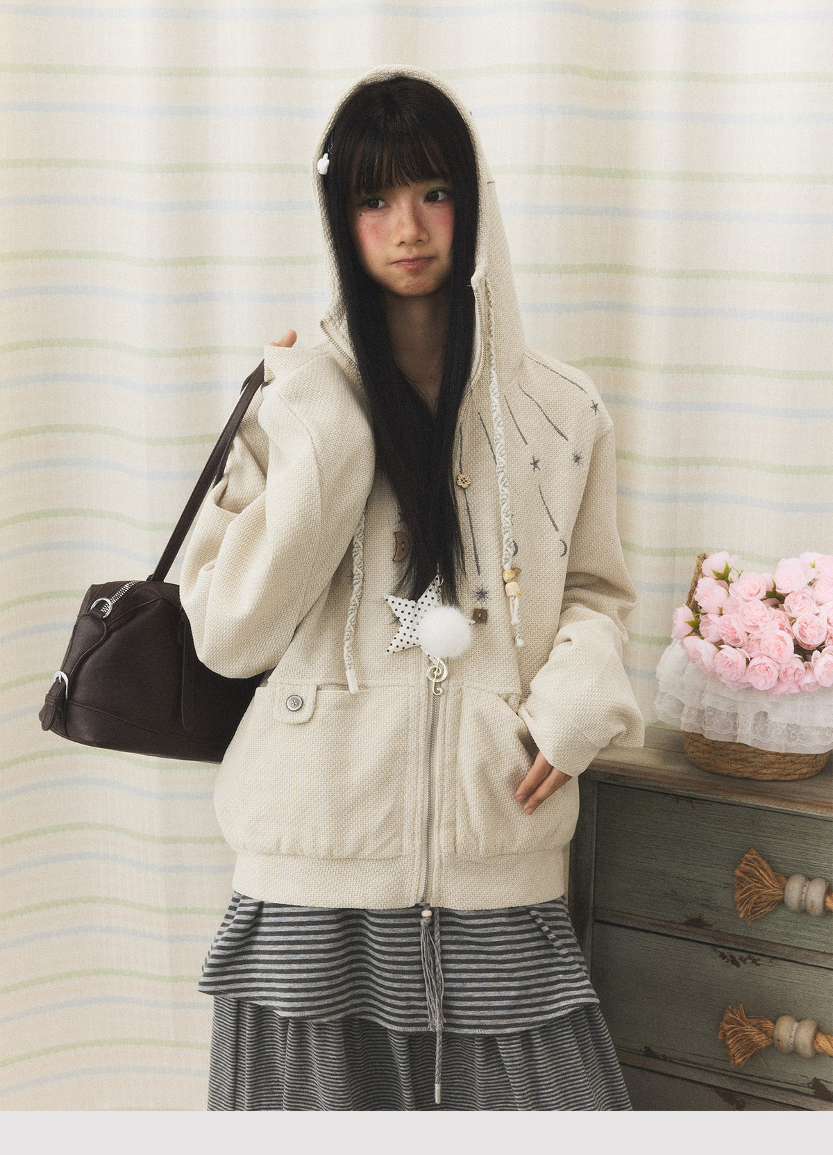 Star & Moon Embroidered Zip-Up Hoodie
