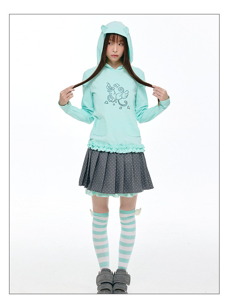 Rhinestone Graphic Faux-Layer Ruffle-Hem Hoodie