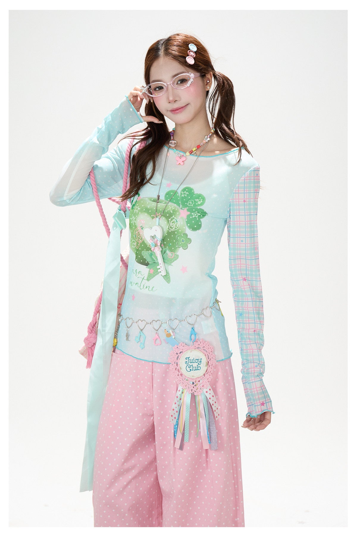 Apple Plaid Mesh Long Sleeve Top & Pink Polka Dot Wide Leg Pants