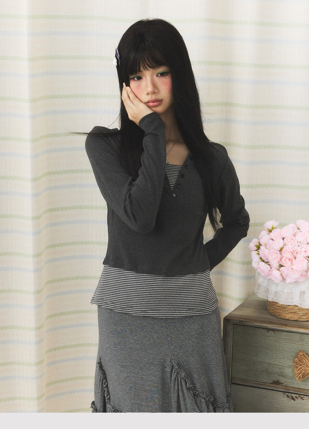 Striped Faux-Layer Halter Long Sleeve Top