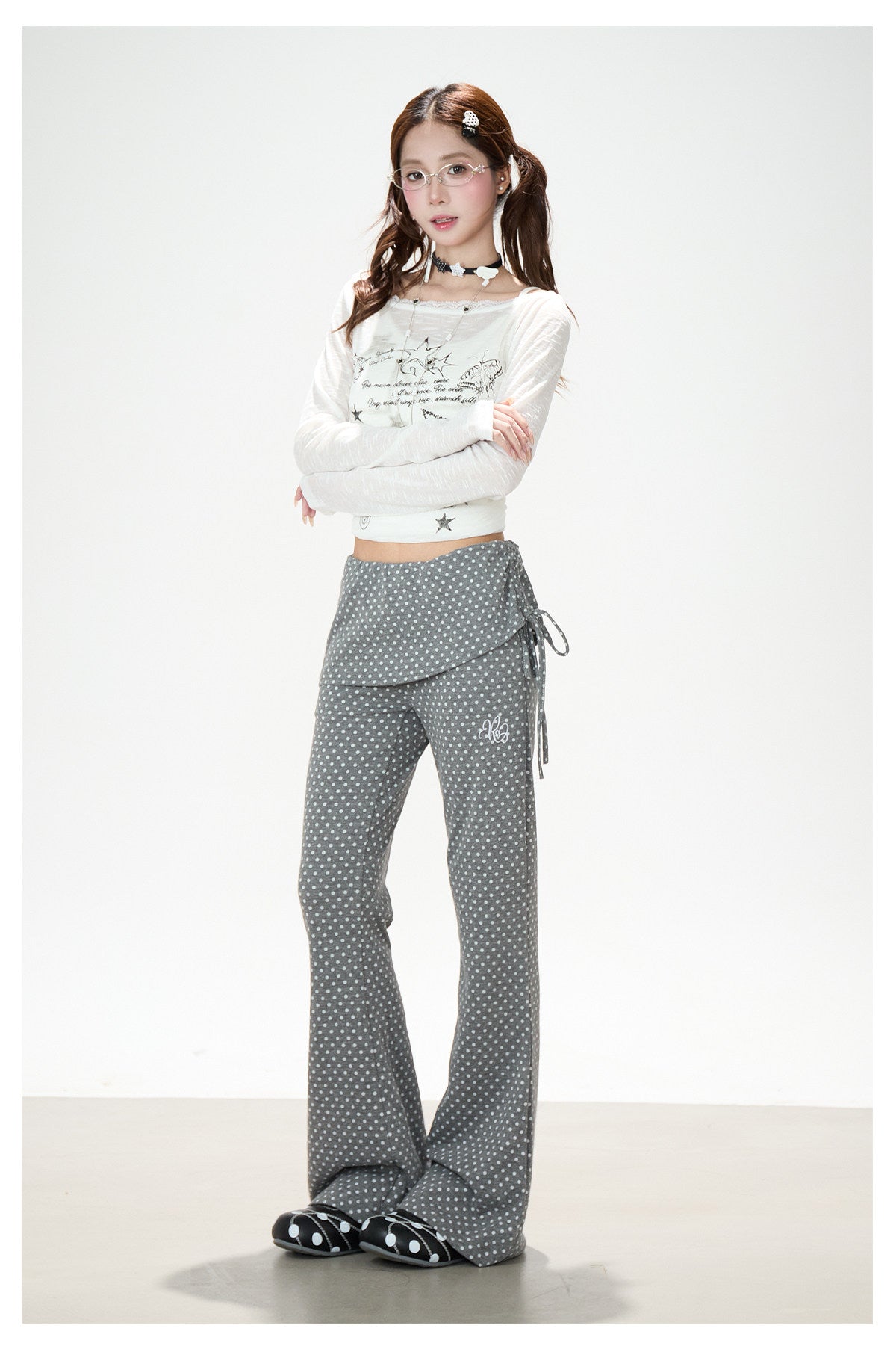 Polka Dot Wrap-Panel Flare Pants