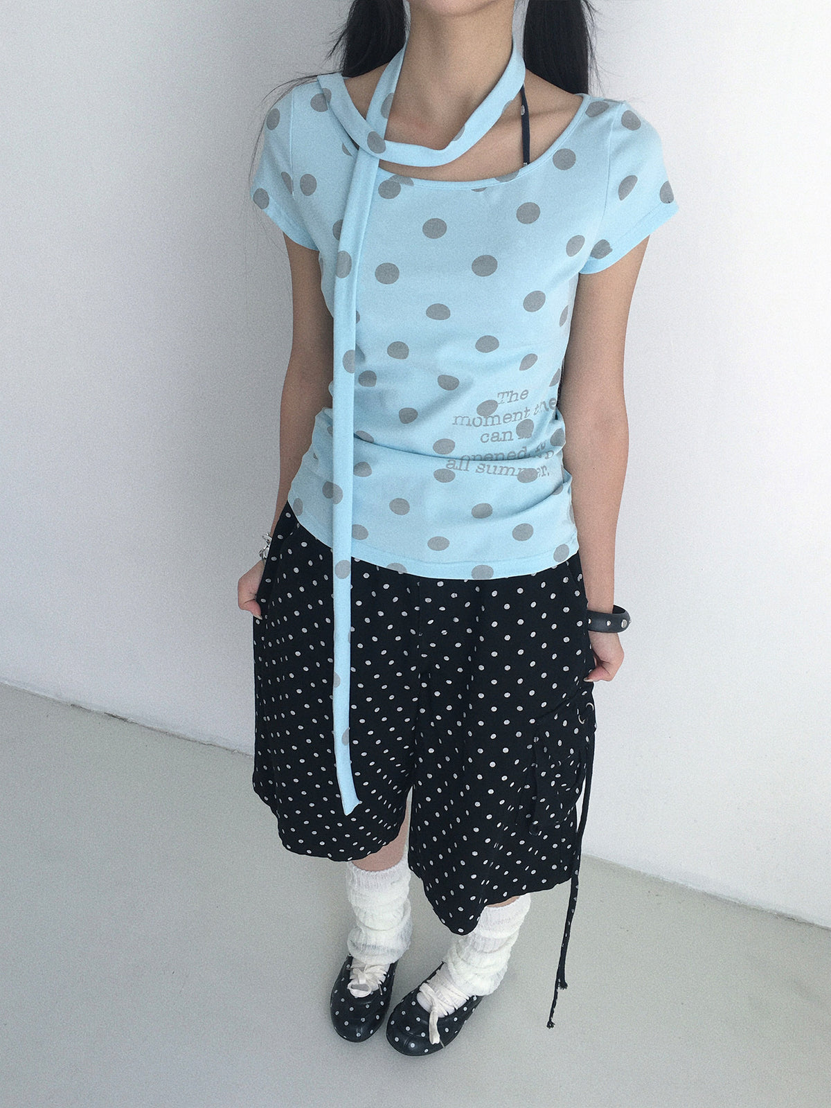 Polka Dot Scarf Short Sleeve Top