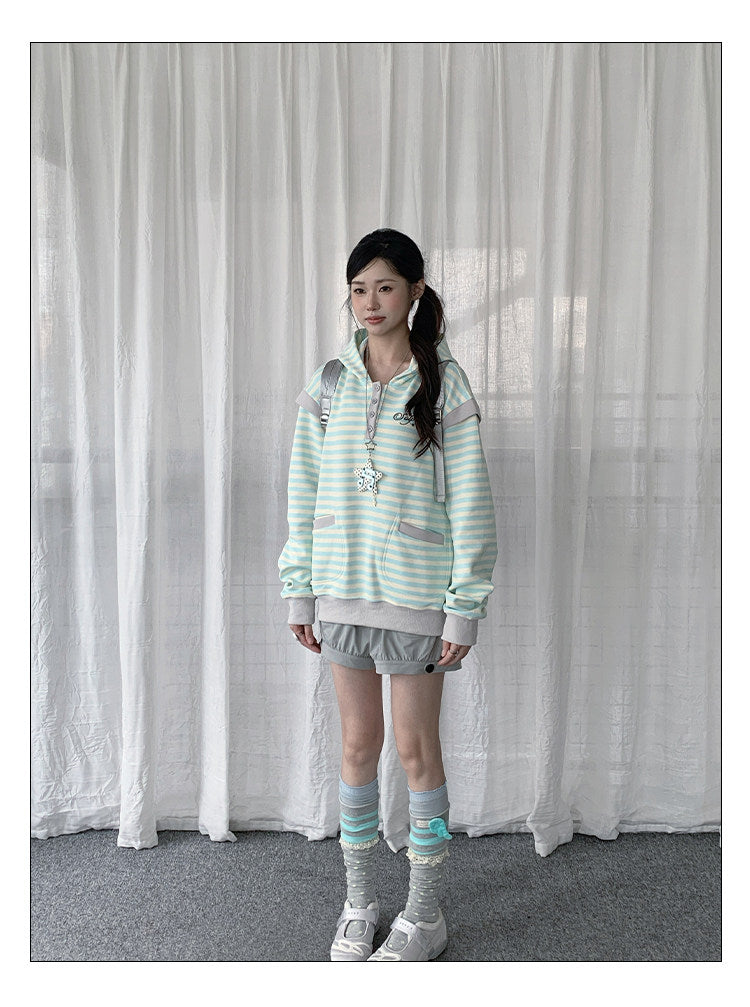 Striped Half-Placket Hooded Pullover