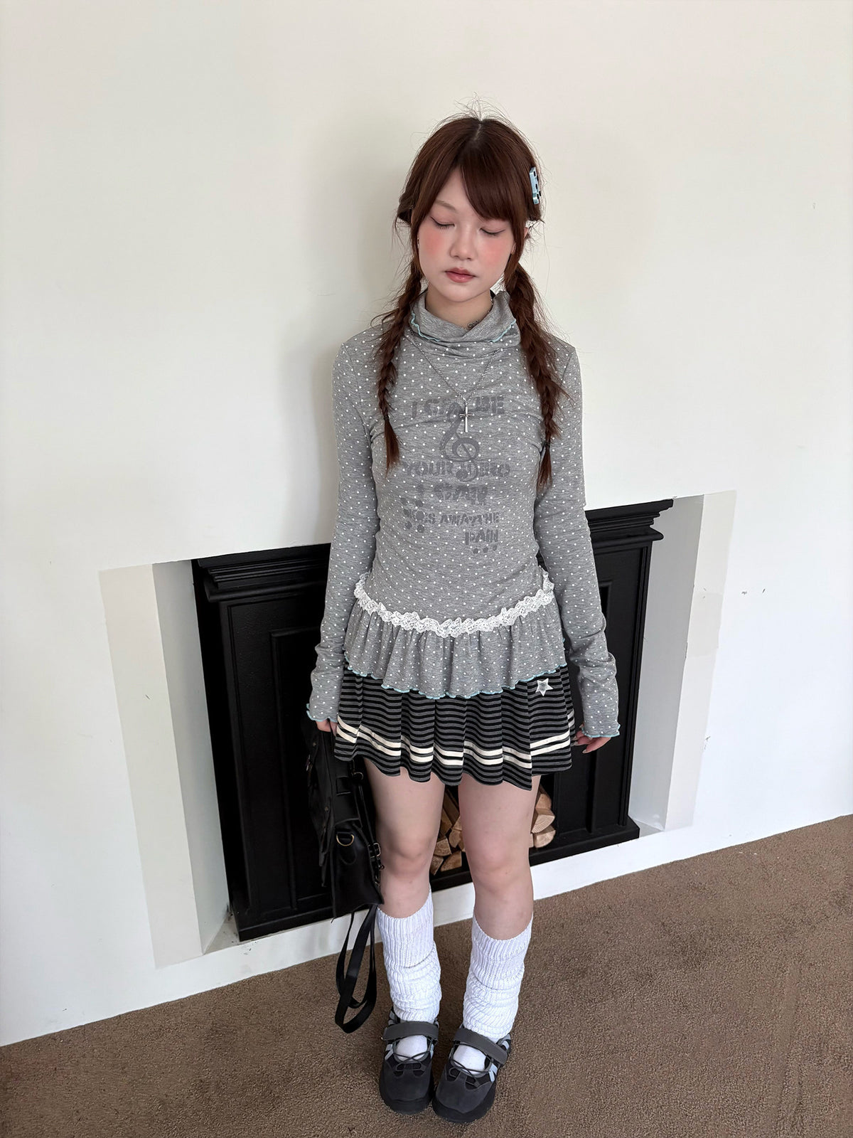 Polka Dot Lace-Trim Mock-Neck Long Sleeve Top