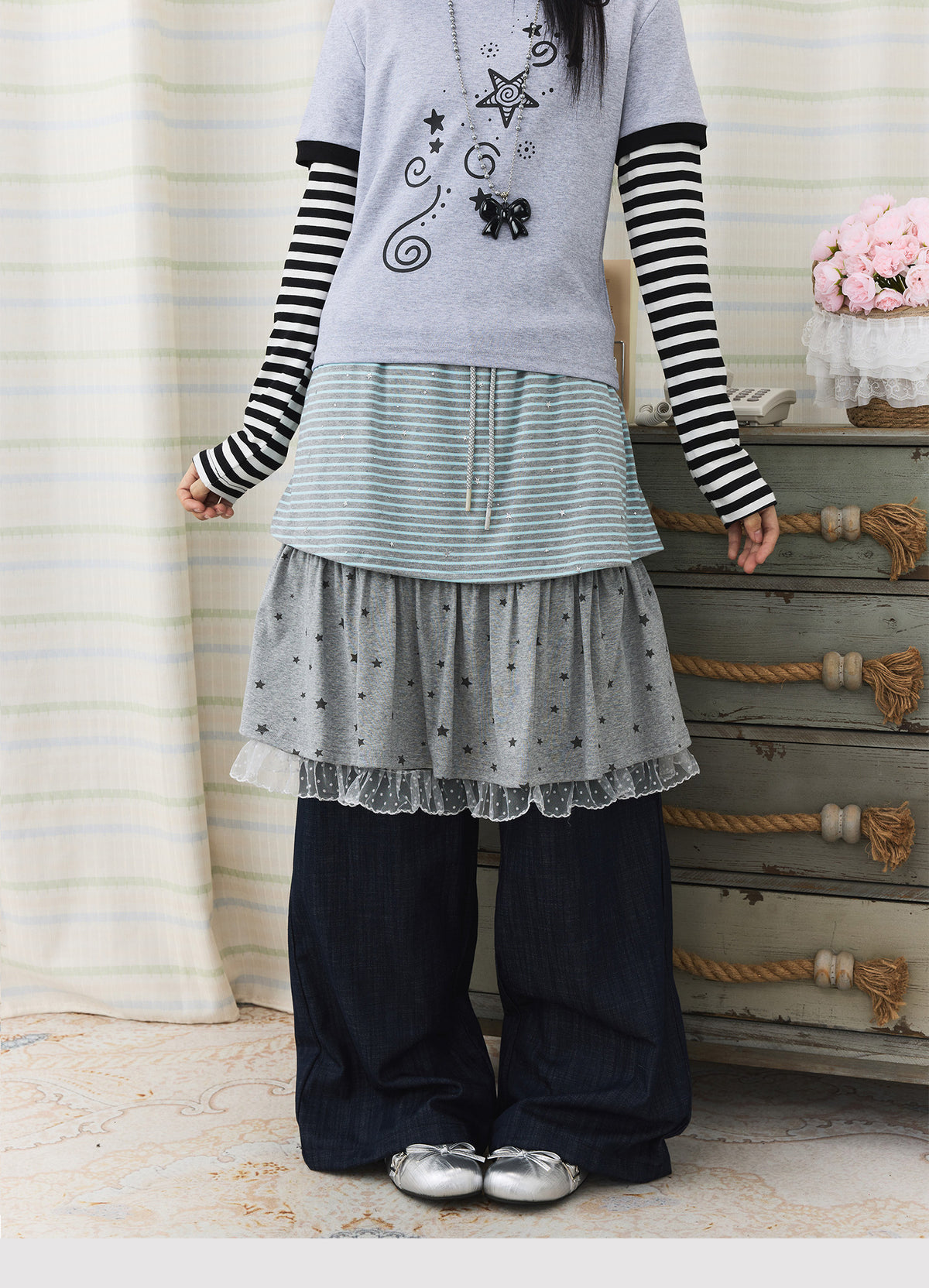 Star Stripe Layered Skirt Wide-Leg Pants