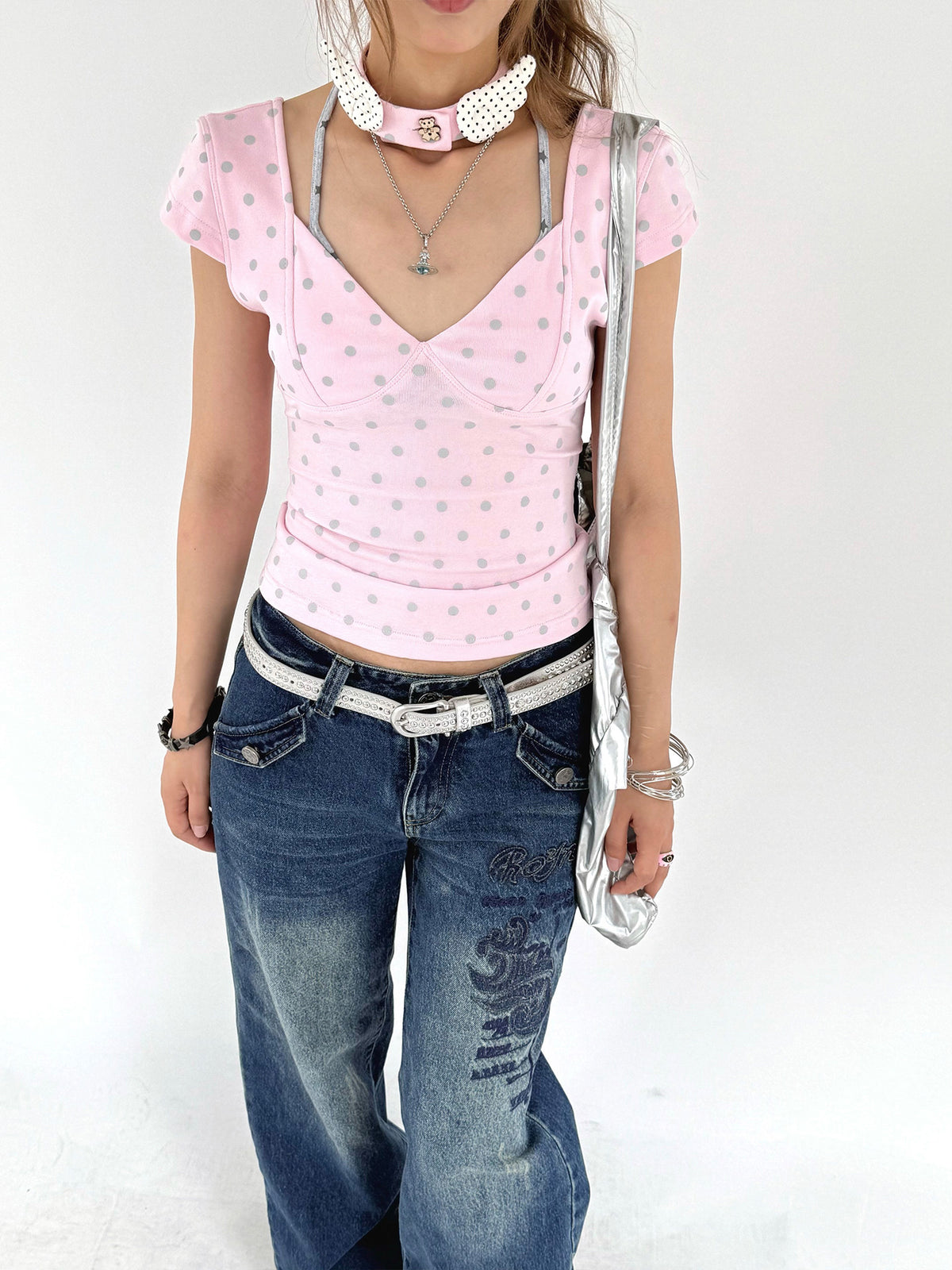 Mechanical Bear Polka Dot V-Neck Fitted Tee with Choker
