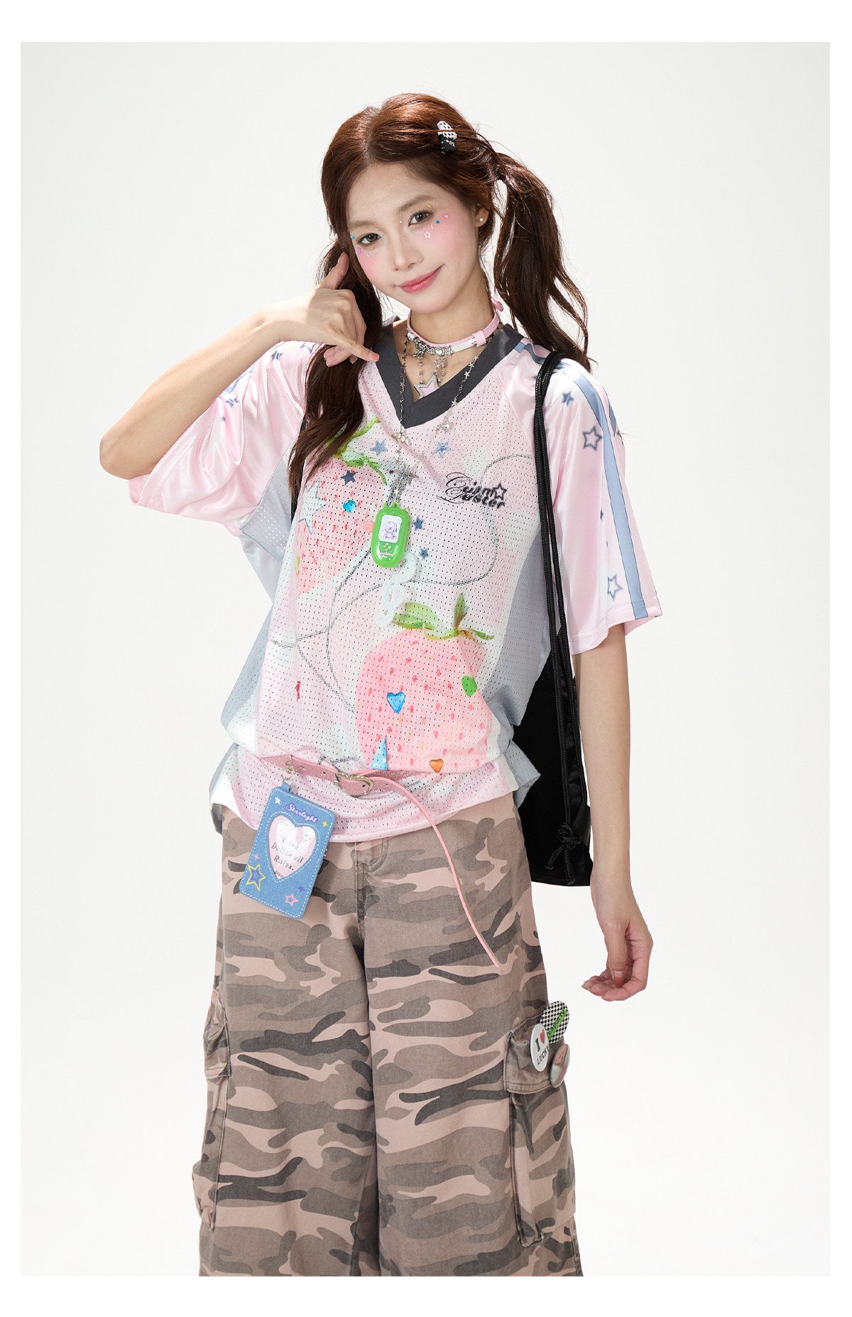 Angel Fruit Mesh Tee & Pink Camo Cargo Shorts