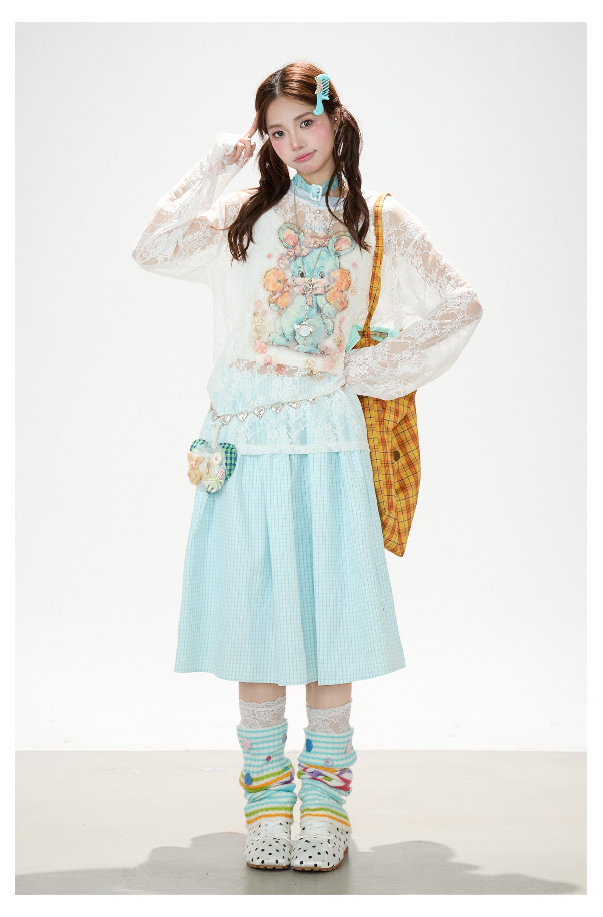 Bunny Sheer Lace Long Sleeve Top & Mint Plaid A-Line Skirt