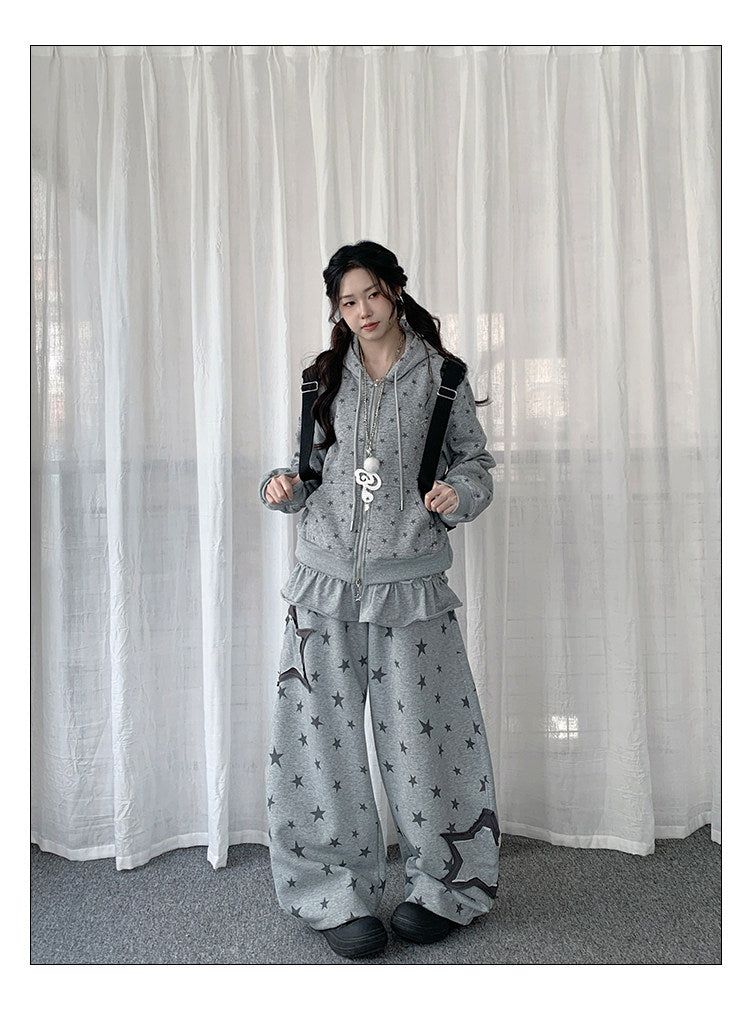 Star Print Detachable Ruffle-Layer Wide-Leg Sweatpants